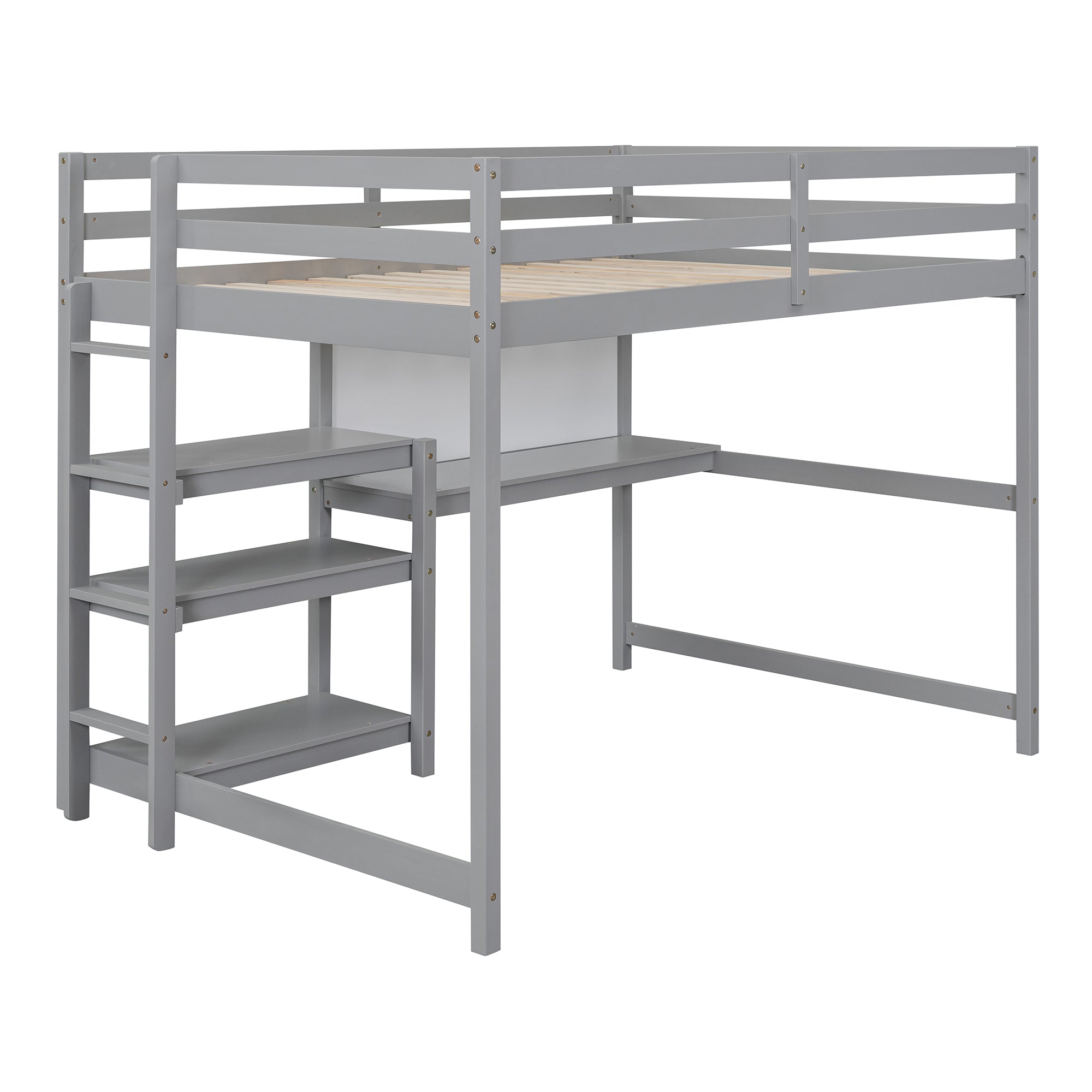 Royard Oaktree Loft Bed with Built-in Desk Shelves and Writing Board Wooden Loft Bed Frame with Guardrail and Ladder, No Box Spring Needed