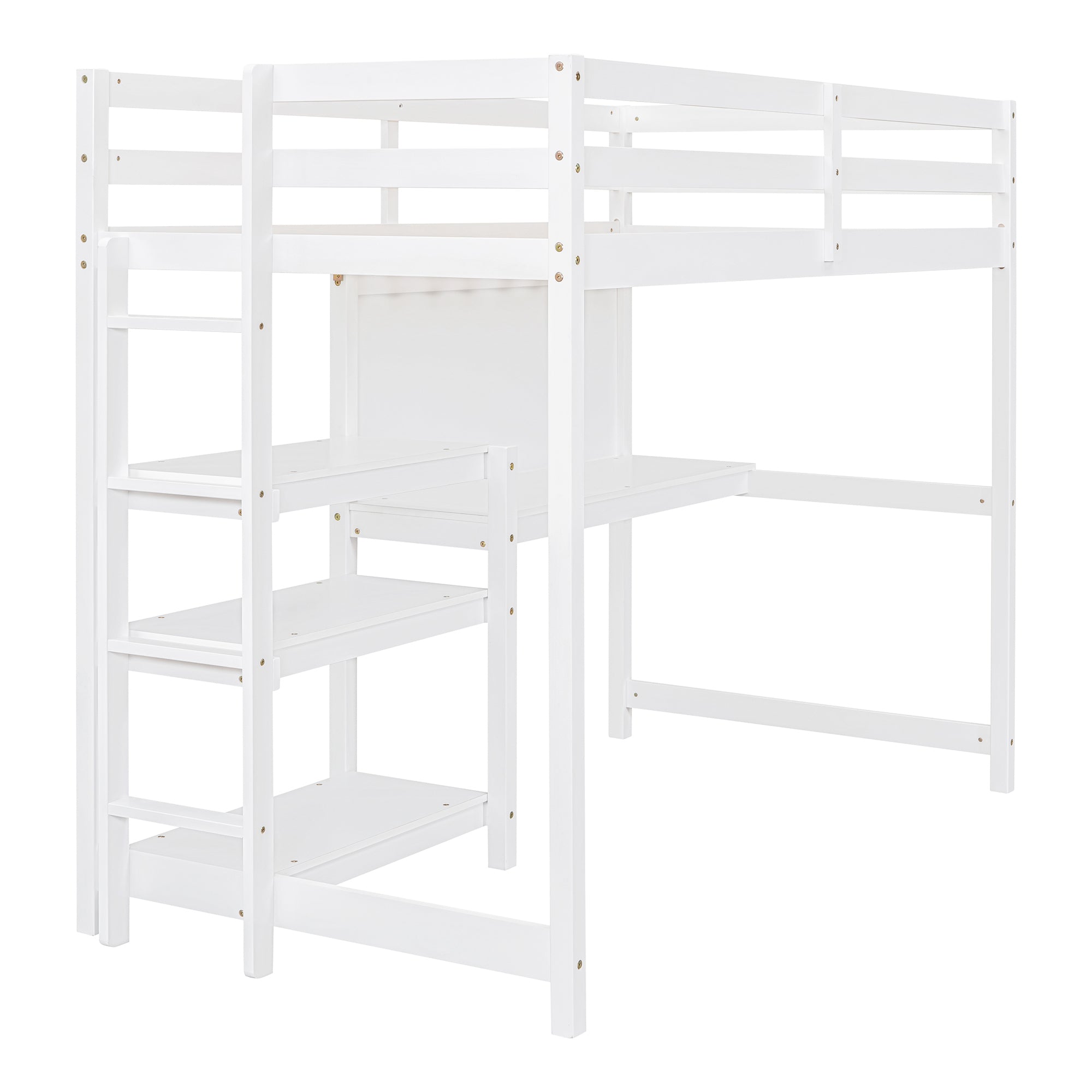 Royard Oaktree Loft Bed with Built-in Desk Shelves and Writing Board Wooden Loft Bed Frame with Guardrail and Ladder, No Box Spring Needed