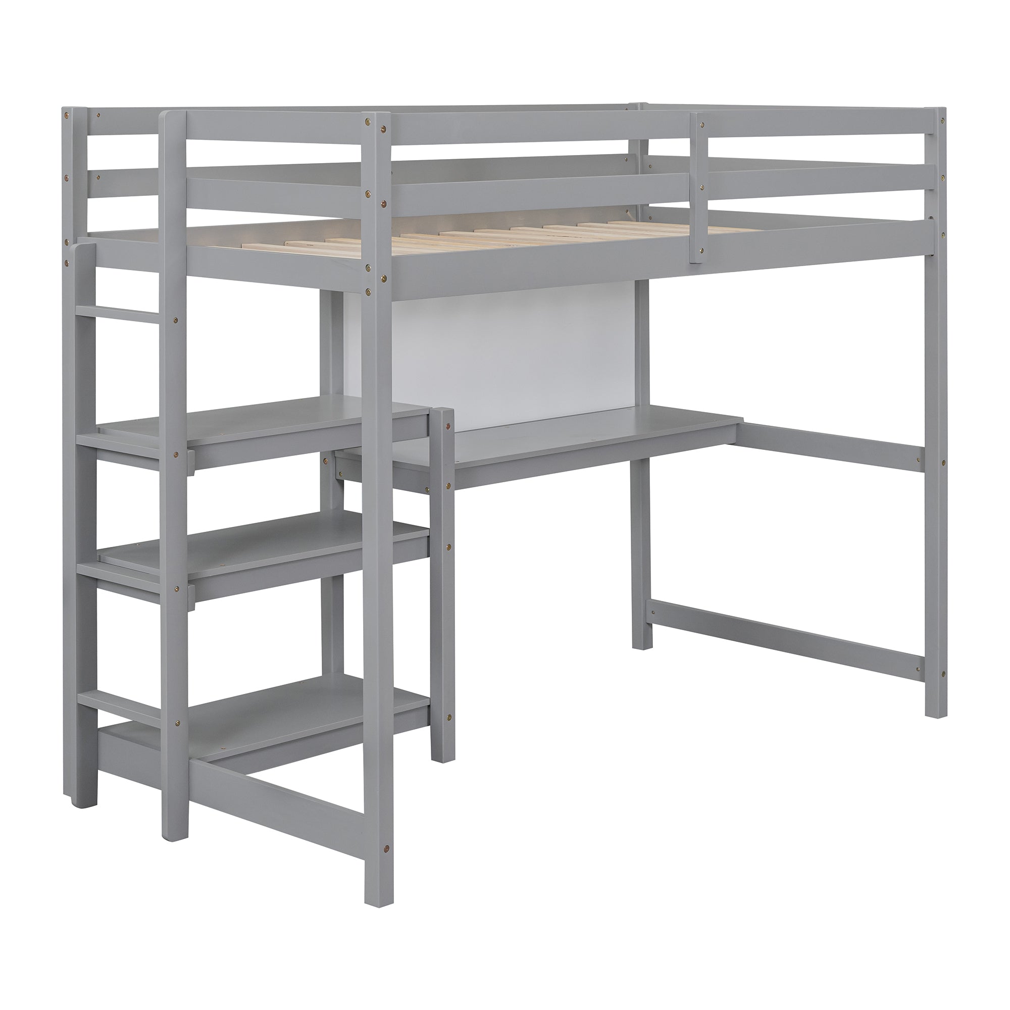 Royard Oaktree Loft Bed with Built-in Desk Shelves and Writing Board Wooden Loft Bed Frame with Guardrail and Ladder, No Box Spring Needed