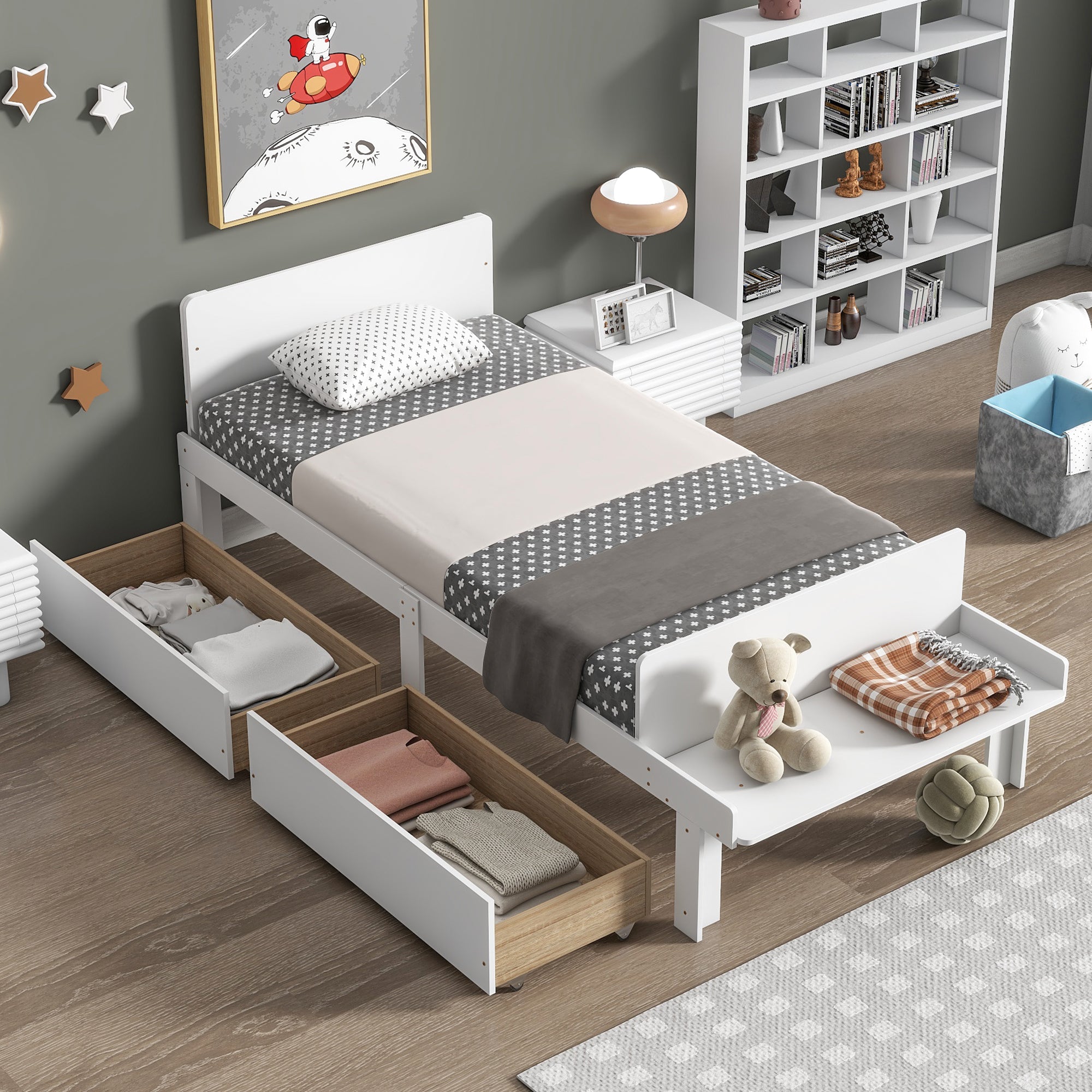 Royard Oaktree Wood Platform Bed Frame with Headboard and Footboard Bench Modern Bed Frame with 2 Storage Drawers