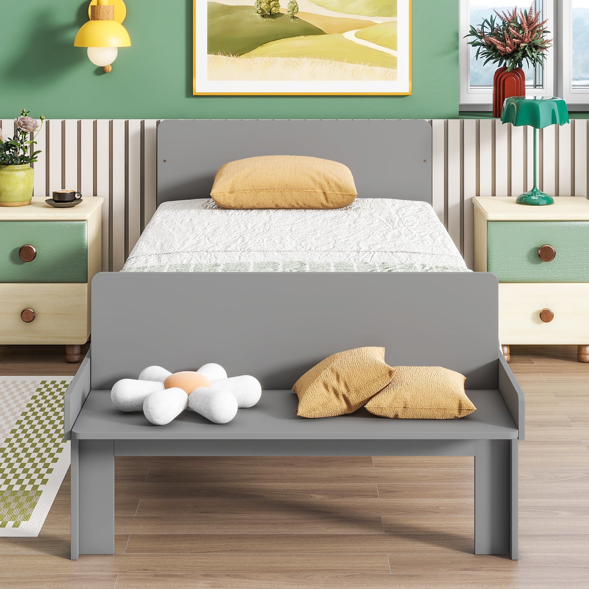 Royard Oaktree Wood Platform Bed Frame with Headboard and Footboard Bench, No Box Spring Needed