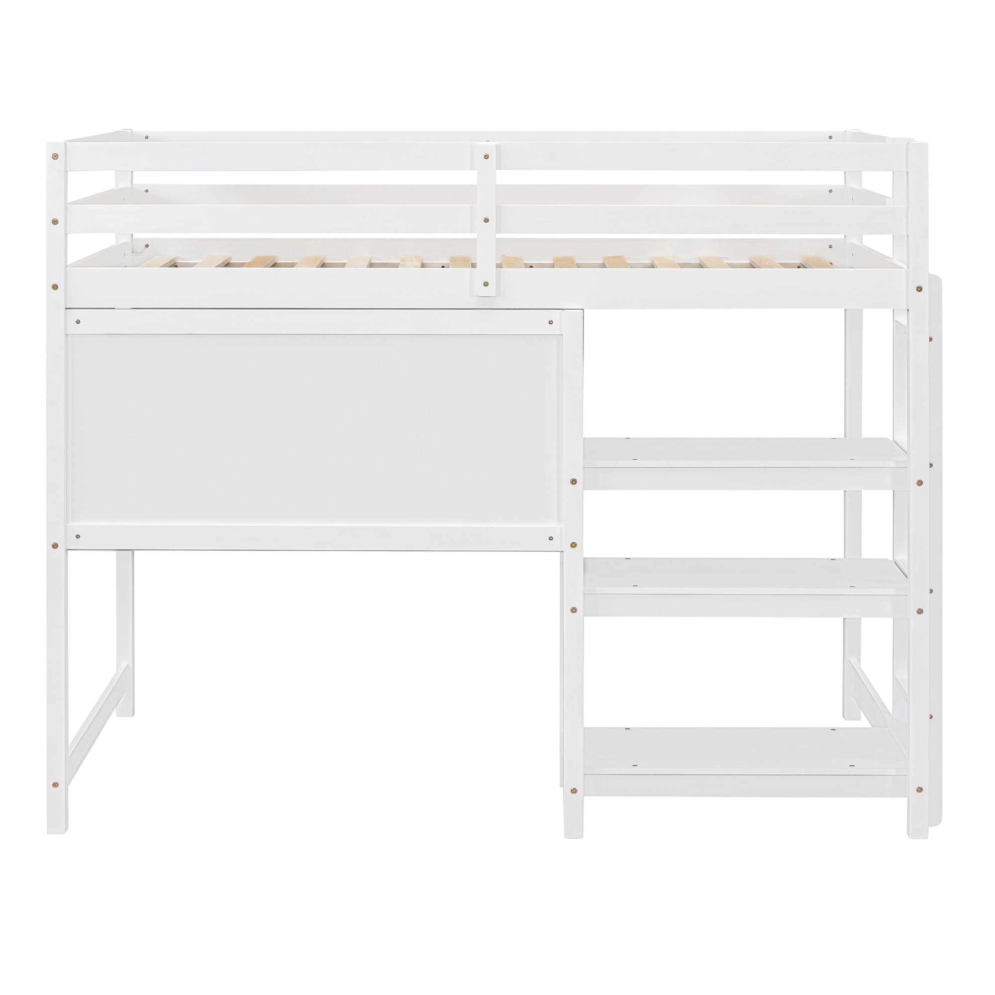 Royard Oaktree Loft Bed with Built-in Desk Shelves and Writing Board Wooden Loft Bed Frame with Guardrail and Ladder, No Box Spring Needed