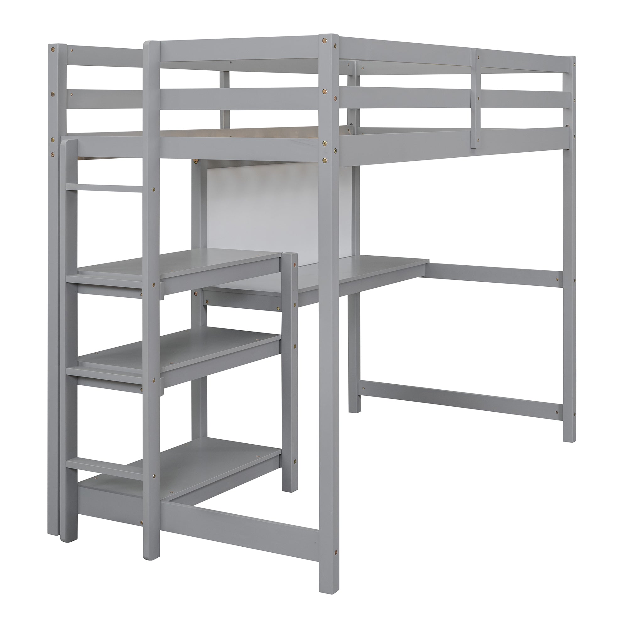 Royard Oaktree Loft Bed with Built-in Desk Shelves and Writing Board Wooden Loft Bed Frame with Guardrail and Ladder, No Box Spring Needed