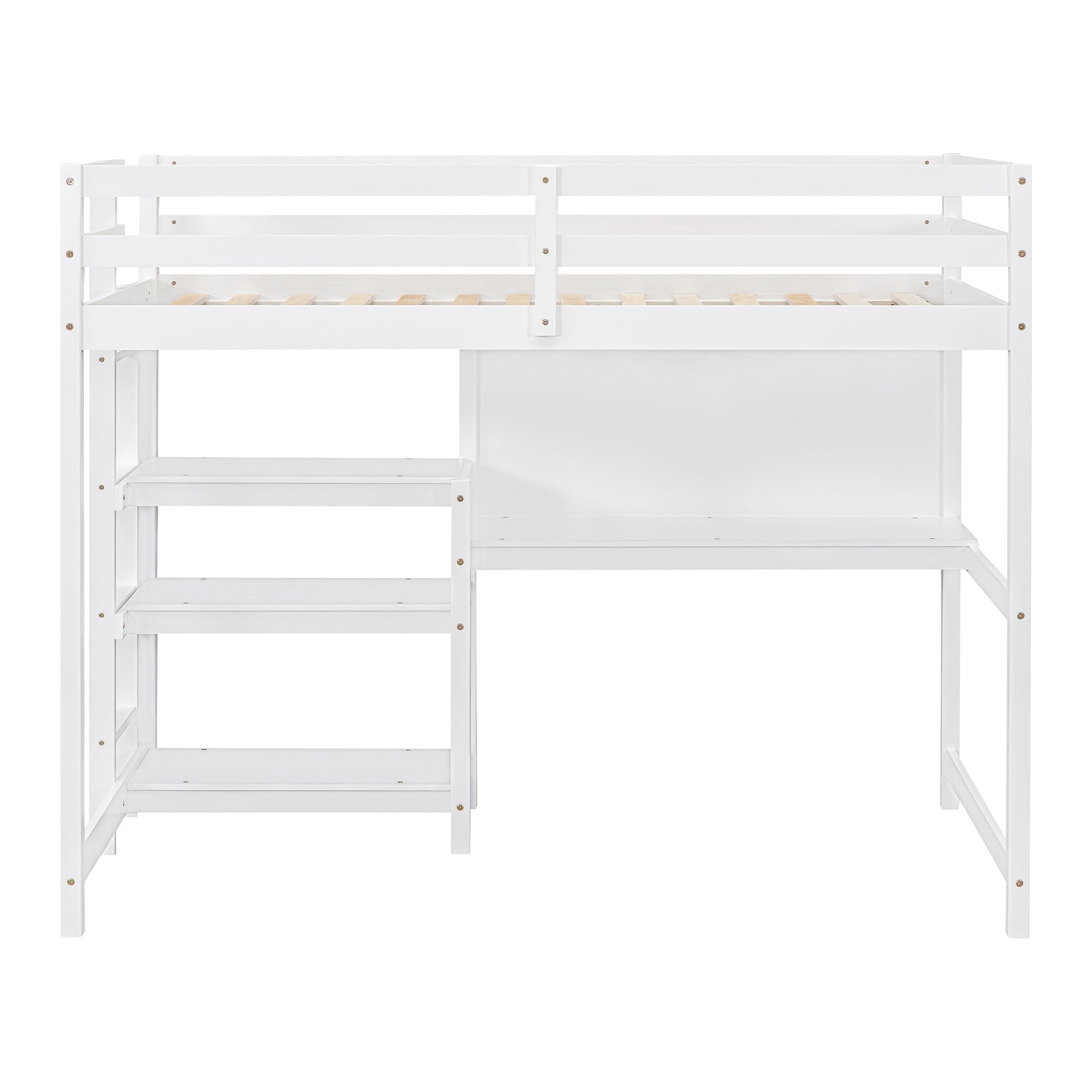 Royard Oaktree Loft Bed with Built-in Desk Shelves and Writing Board Wooden Loft Bed Frame with Guardrail and Ladder, No Box Spring Needed