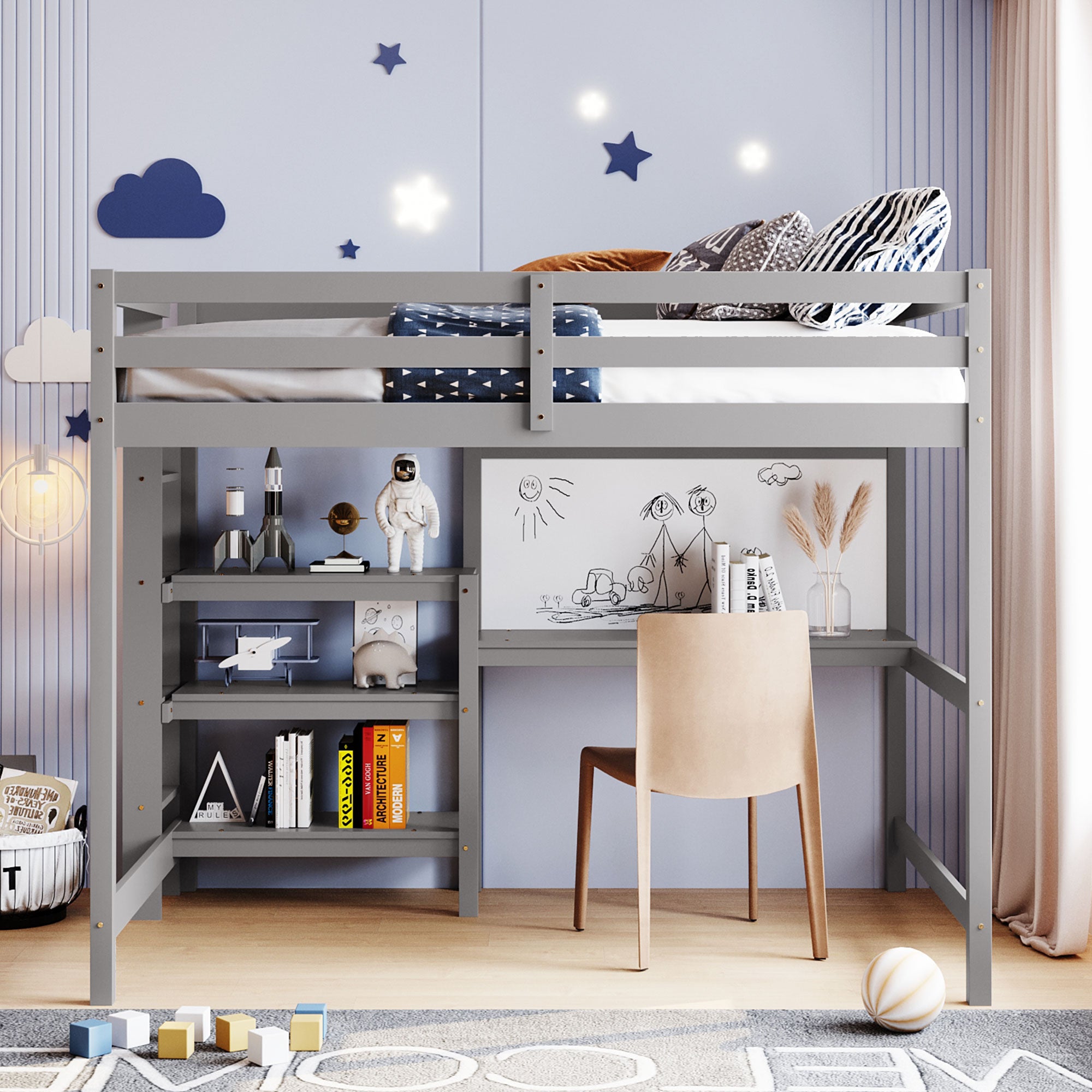 Royard Oaktree Loft Bed with Built-in Desk Shelves and Writing Board Wooden Loft Bed Frame with Guardrail and Ladder, No Box Spring Needed