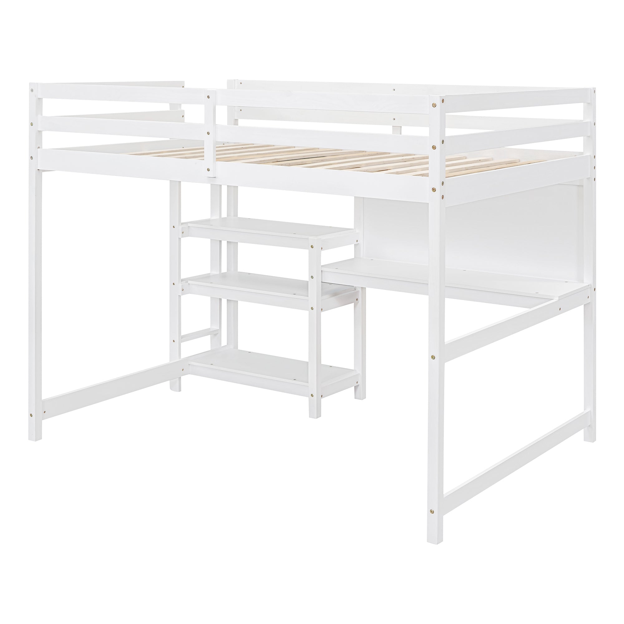 Royard Oaktree Loft Bed with Built-in Desk Shelves and Writing Board Wooden Loft Bed Frame with Guardrail and Ladder, No Box Spring Needed