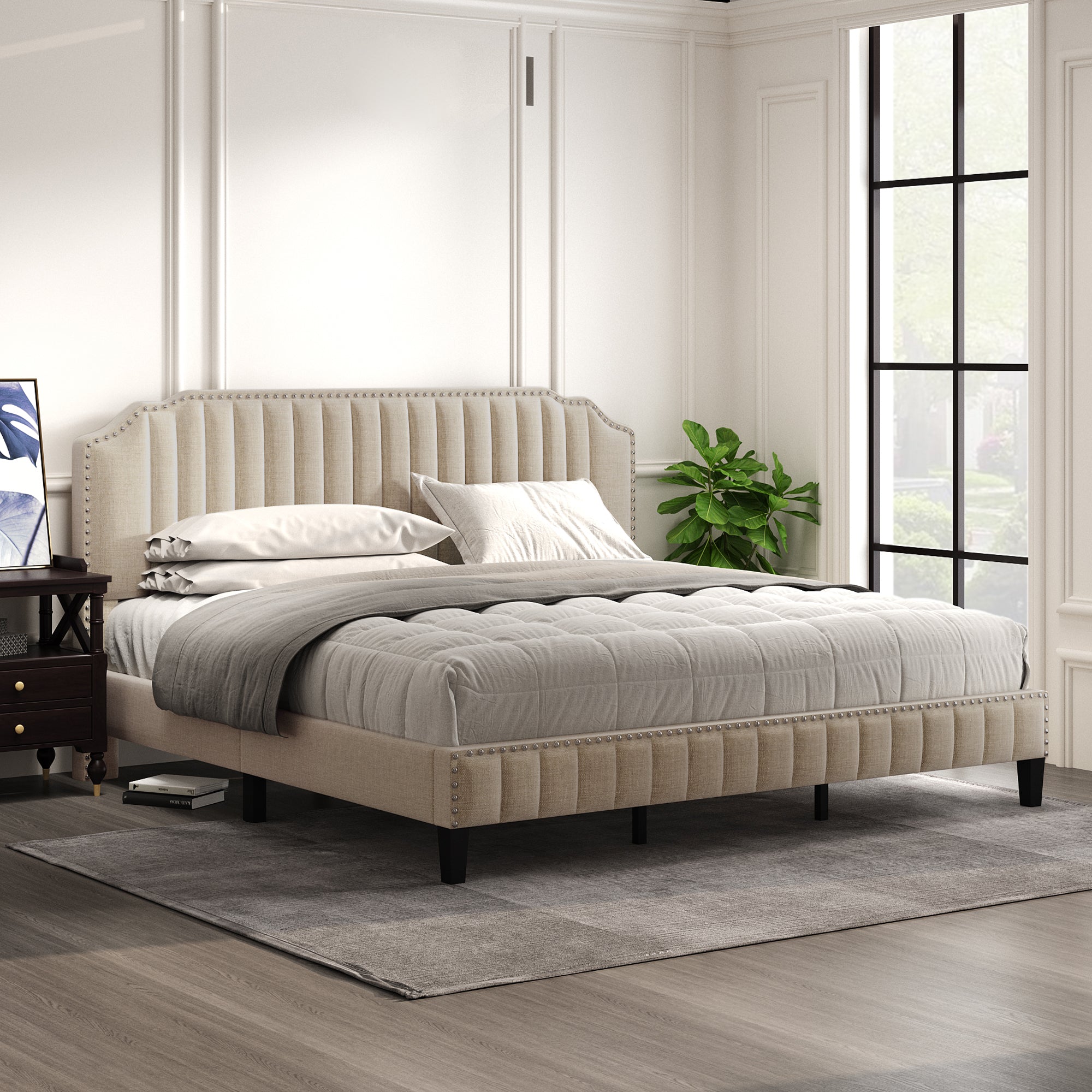 Royard Oaktree Platform Bed Frame Tufted Curved Headboard Linen Upholstered Bed with Solid Wood Frame and Slats, Nailhead Trim, No Box Spring Needed