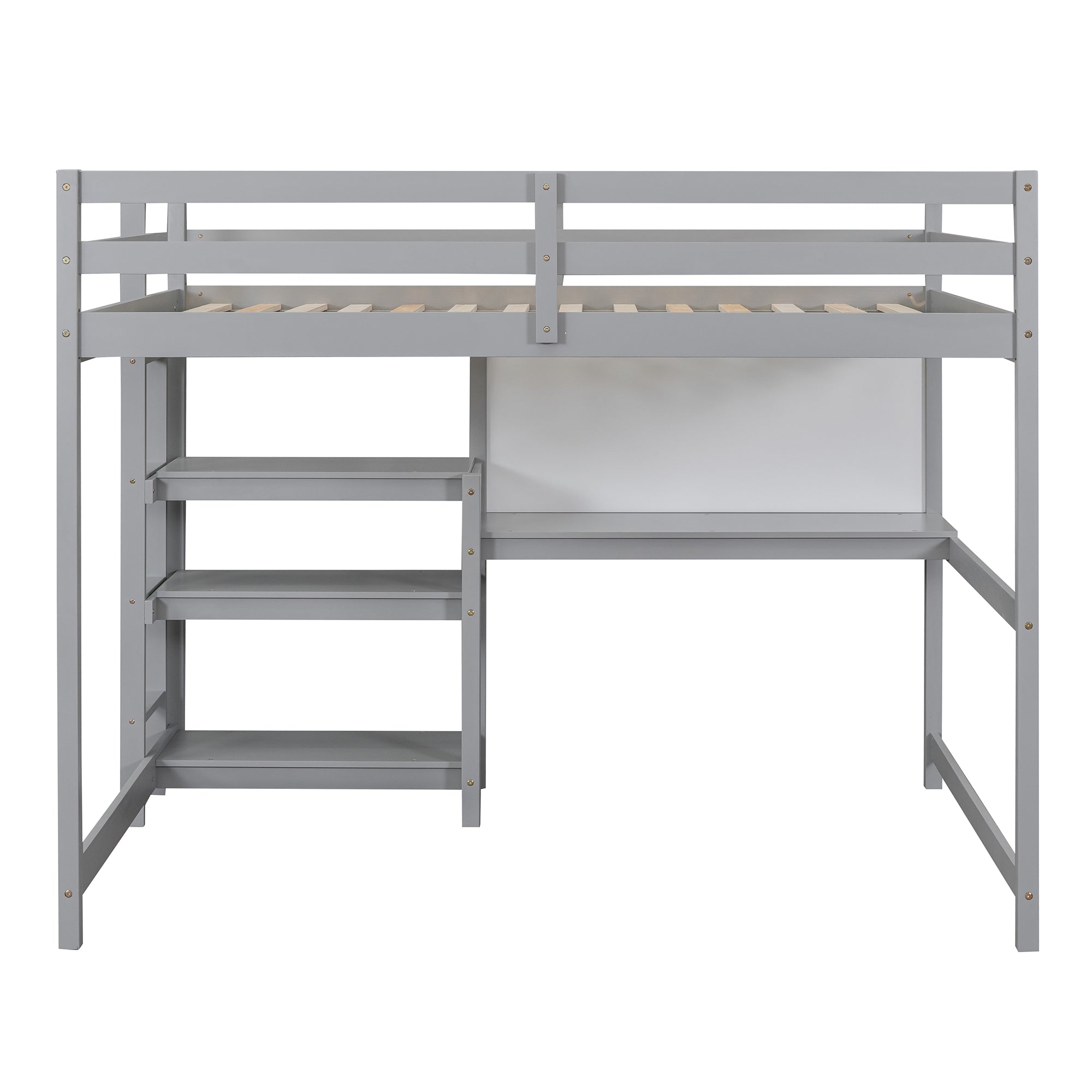 Royard Oaktree Loft Bed with Built-in Desk Shelves and Writing Board Wooden Loft Bed Frame with Guardrail and Ladder, No Box Spring Needed