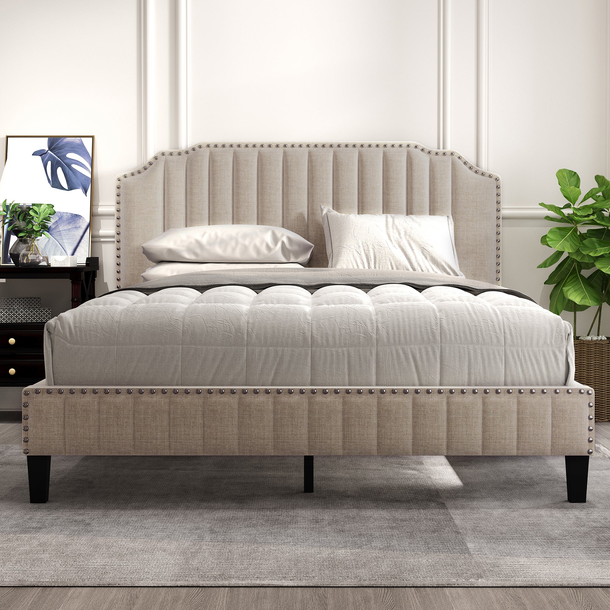 Royard Oaktree Platform Bed Frame Tufted Curved Headboard Linen Upholstered Bed with Solid Wood Frame and Slats, Nailhead Trim, No Box Spring Needed