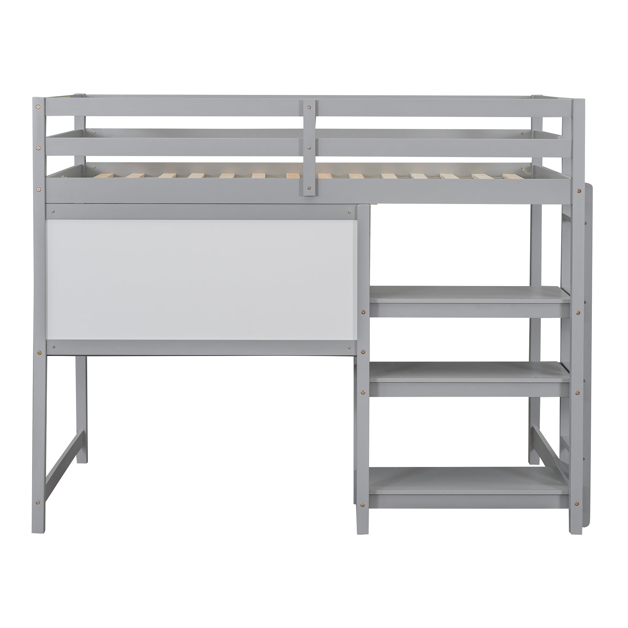 Royard Oaktree Loft Bed with Built-in Desk Shelves and Writing Board Wooden Loft Bed Frame with Guardrail and Ladder, No Box Spring Needed