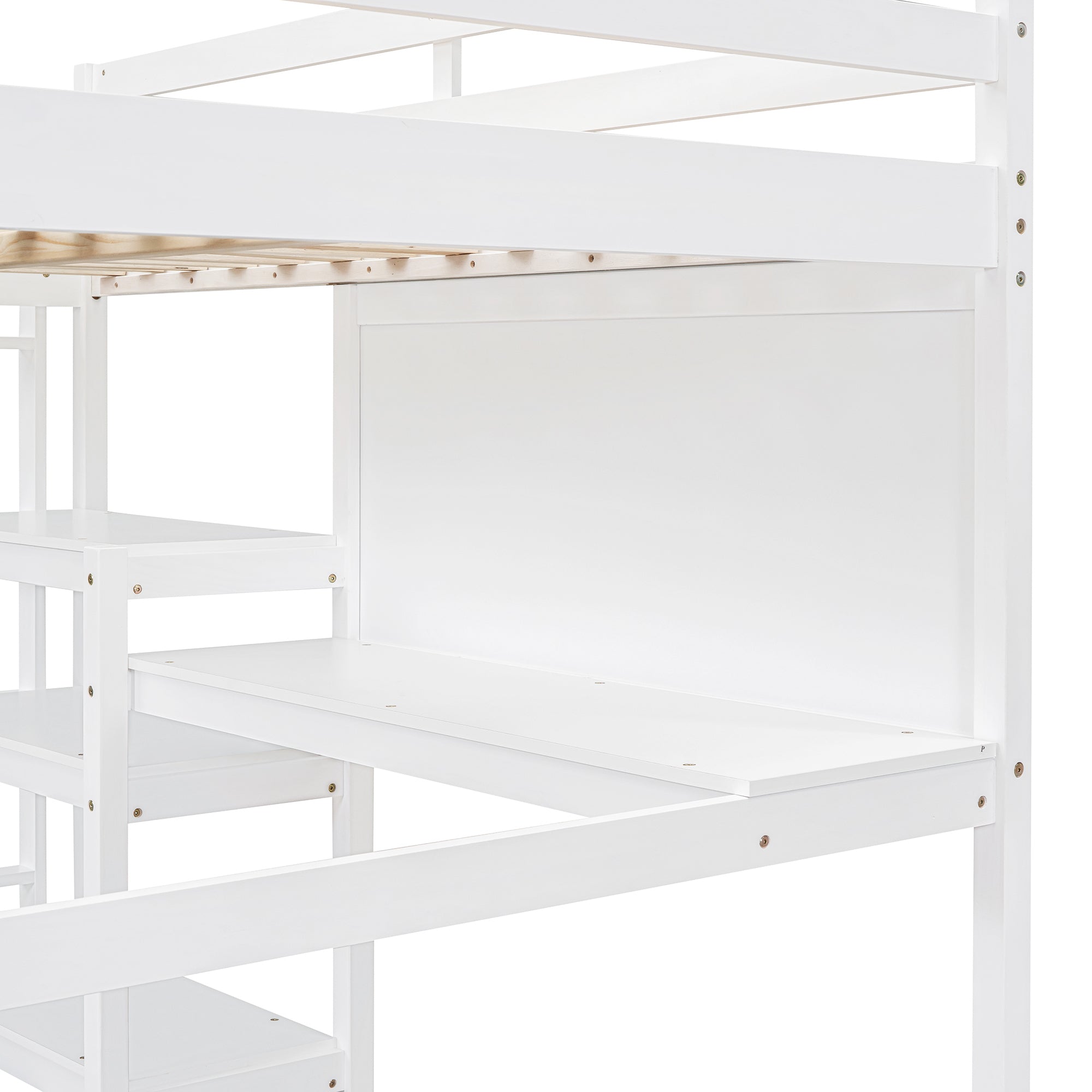 Royard Oaktree Loft Bed with Built-in Desk Shelves and Writing Board Wooden Loft Bed Frame with Guardrail and Ladder, No Box Spring Needed