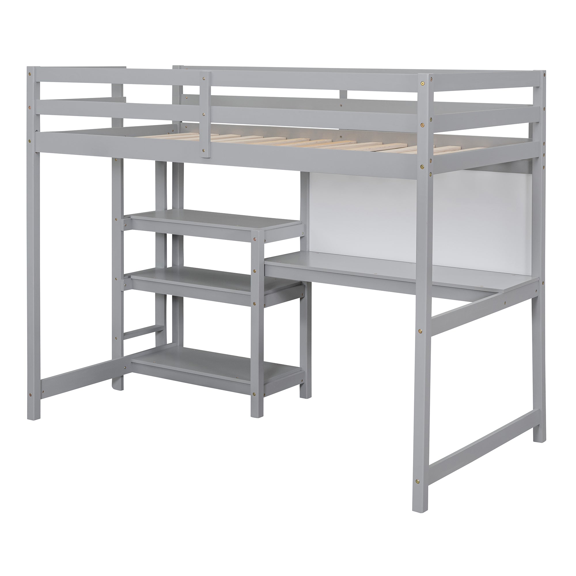 Royard Oaktree Loft Bed with Built-in Desk Shelves and Writing Board Wooden Loft Bed Frame with Guardrail and Ladder, No Box Spring Needed