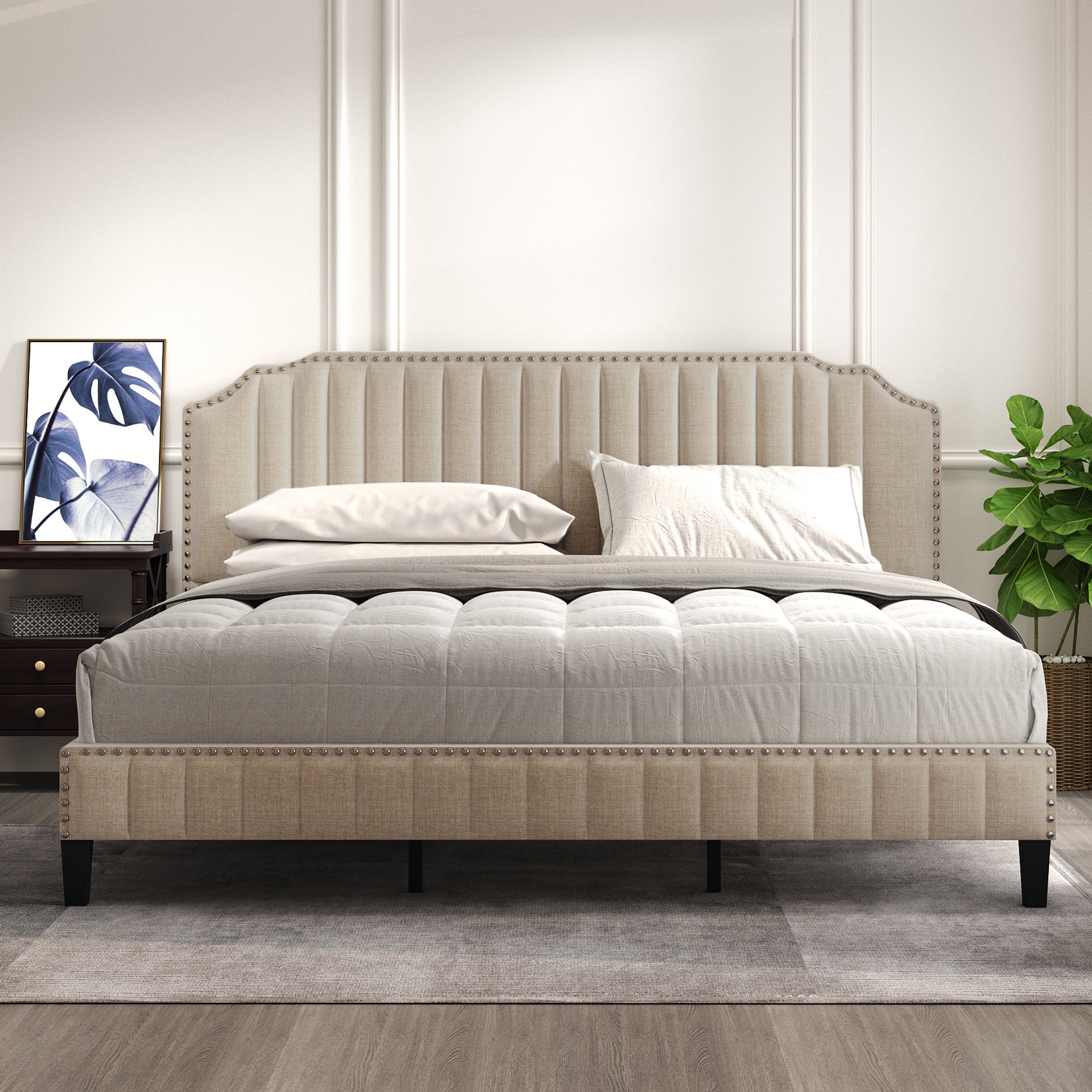 Royard Oaktree Platform Bed Frame Tufted Curved Headboard Linen Upholstered Bed with Solid Wood Frame and Slats, Nailhead Trim, No Box Spring Needed