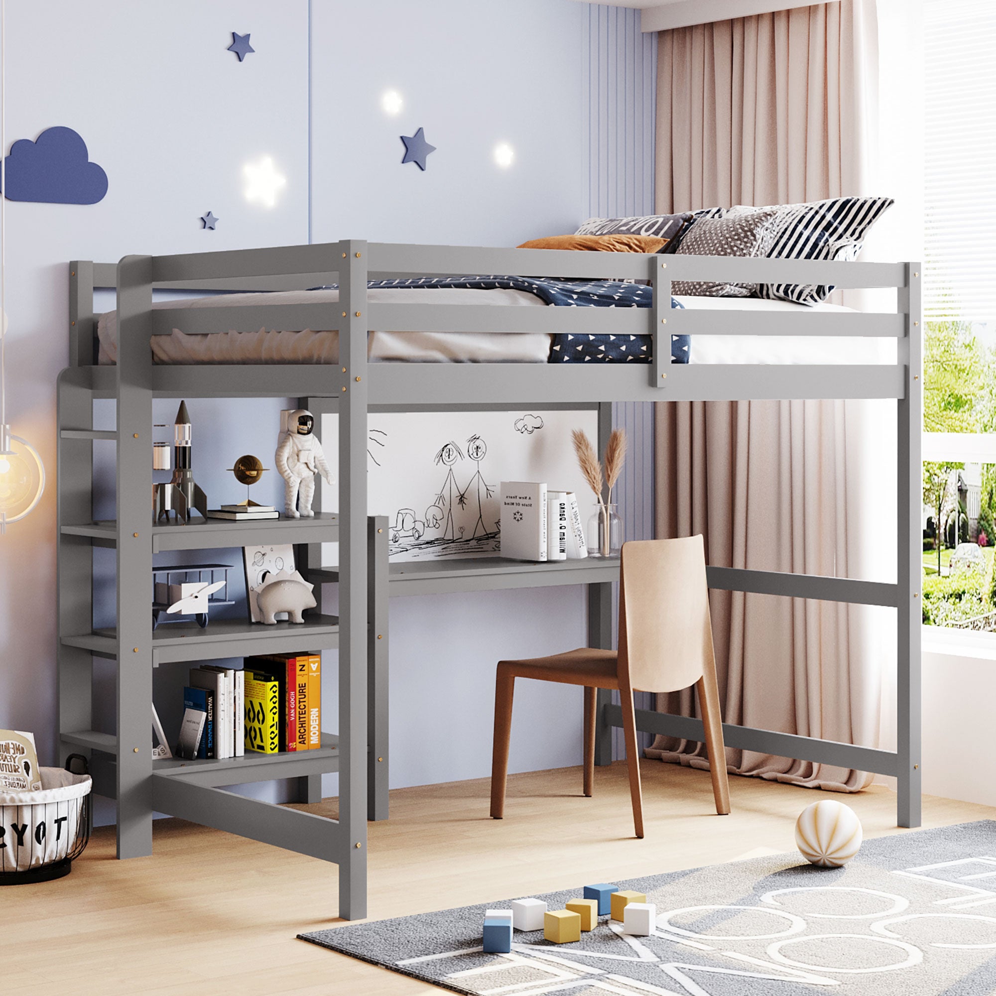 Royard Oaktree Loft Bed with Built-in Desk Shelves and Writing Board Wooden Loft Bed Frame with Guardrail and Ladder, No Box Spring Needed