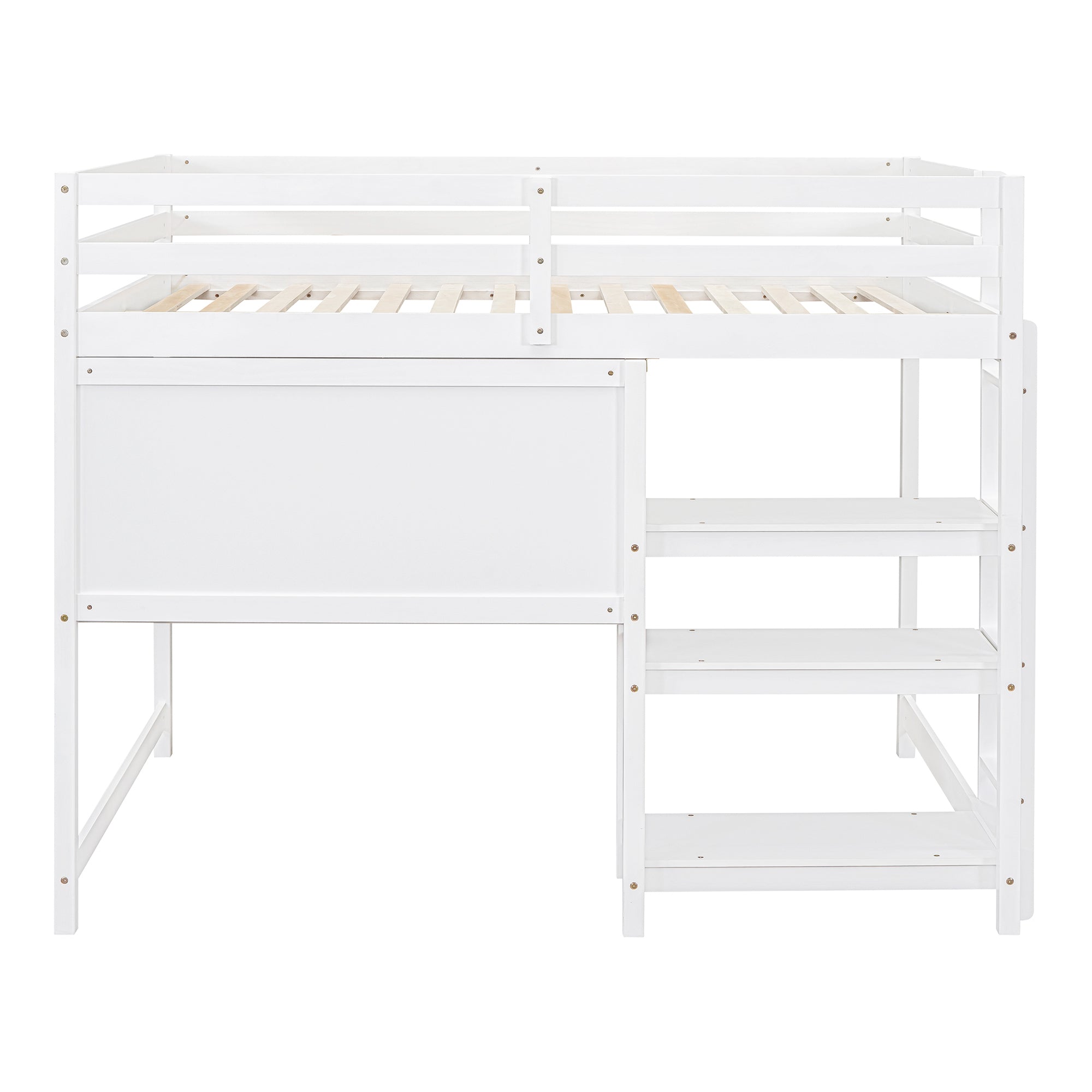 Royard Oaktree Loft Bed with Built-in Desk Shelves and Writing Board Wooden Loft Bed Frame with Guardrail and Ladder, No Box Spring Needed