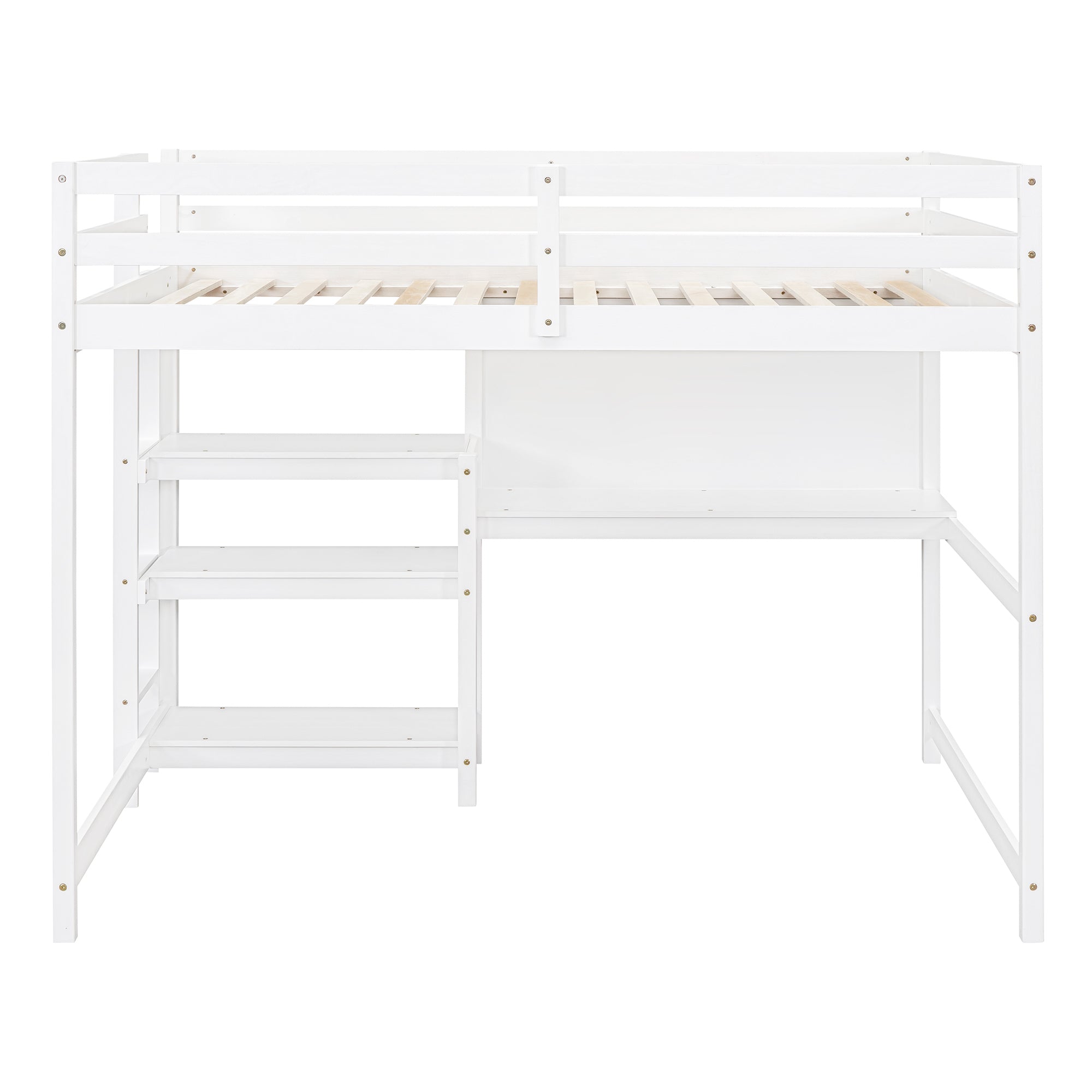 Royard Oaktree Loft Bed with Built-in Desk Shelves and Writing Board Wooden Loft Bed Frame with Guardrail and Ladder, No Box Spring Needed