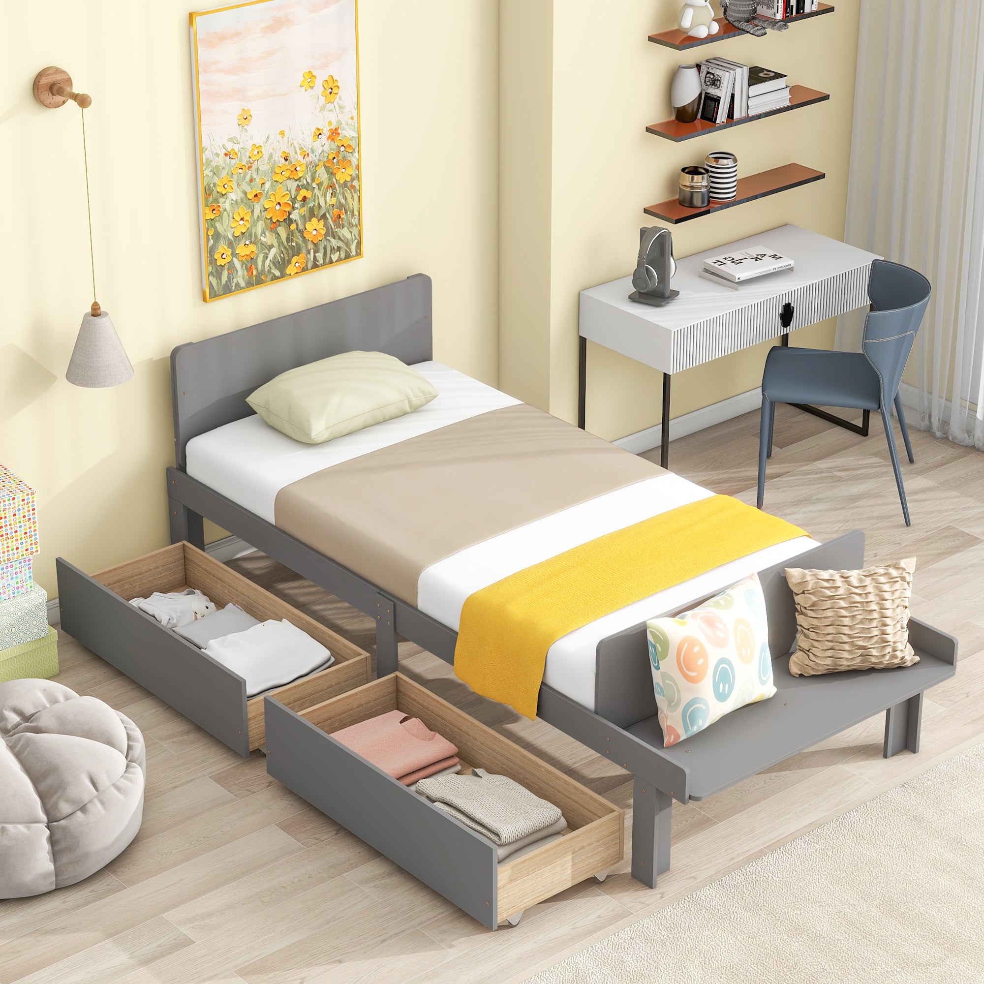 Royard Oaktree Wood Platform Bed Frame with Headboard and Footboard Bench Modern Bed Frame with 2 Storage Drawers