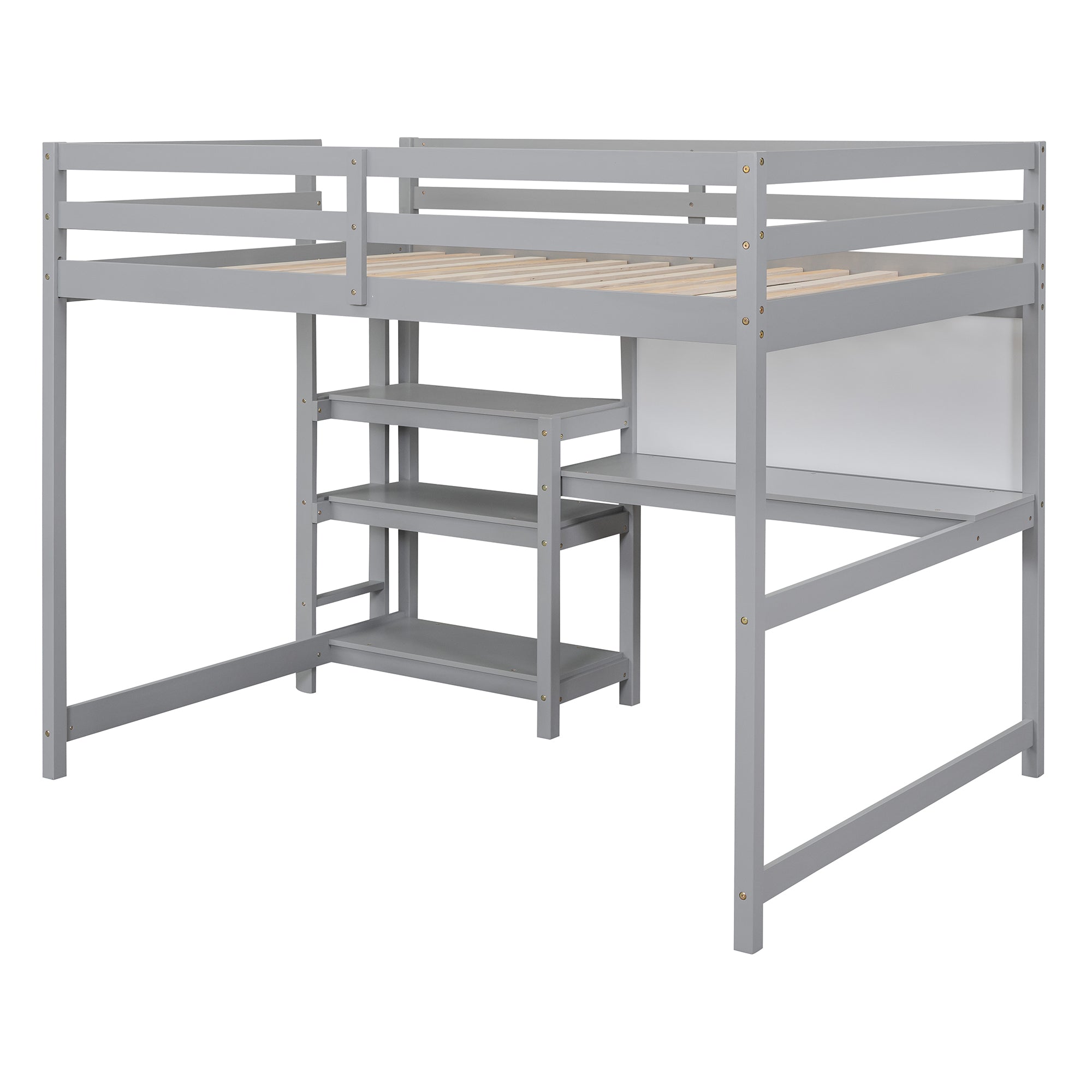 Royard Oaktree Loft Bed with Built-in Desk Shelves and Writing Board Wooden Loft Bed Frame with Guardrail and Ladder, No Box Spring Needed