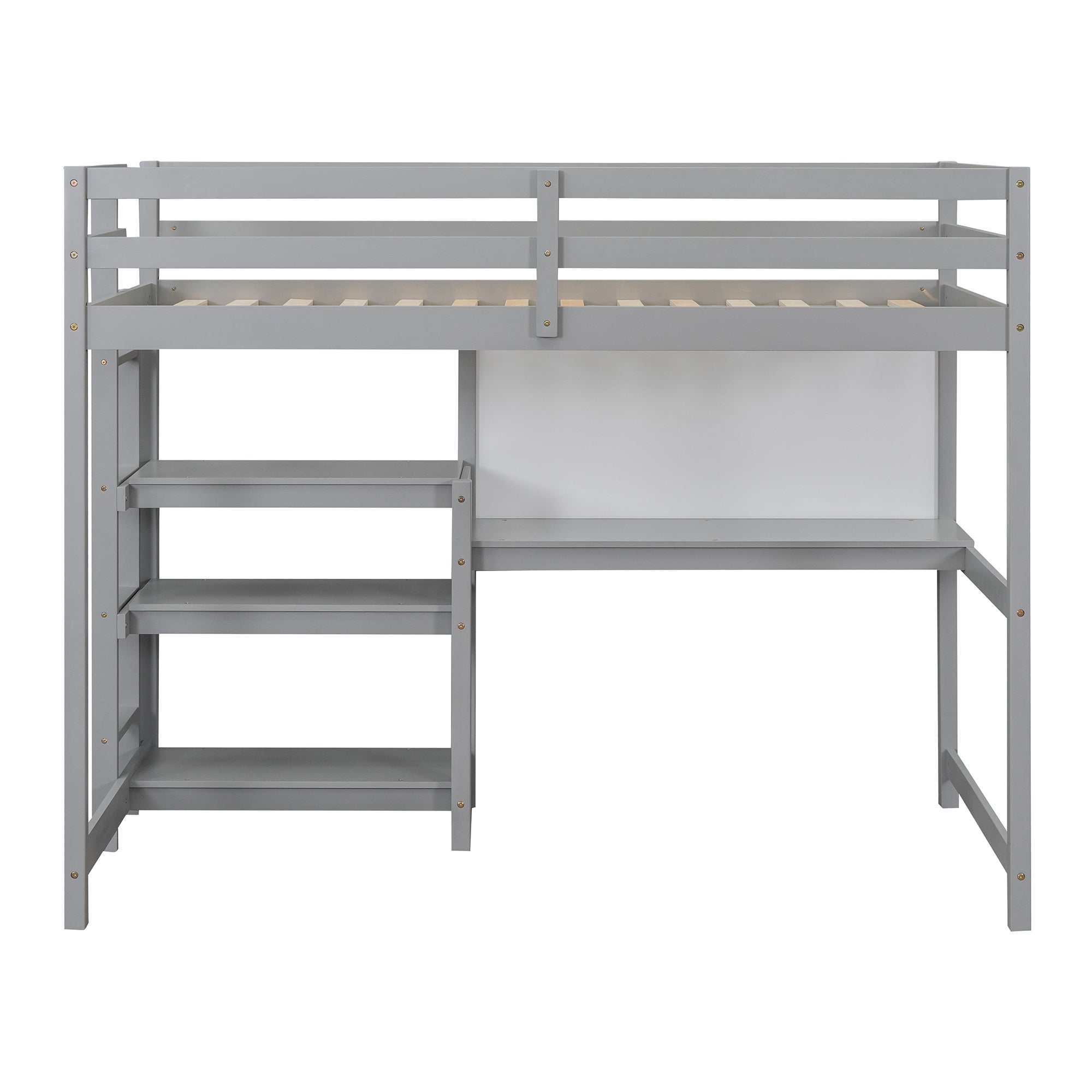 Royard Oaktree Loft Bed with Built-in Desk Shelves and Writing Board Wooden Loft Bed Frame with Guardrail and Ladder, No Box Spring Needed