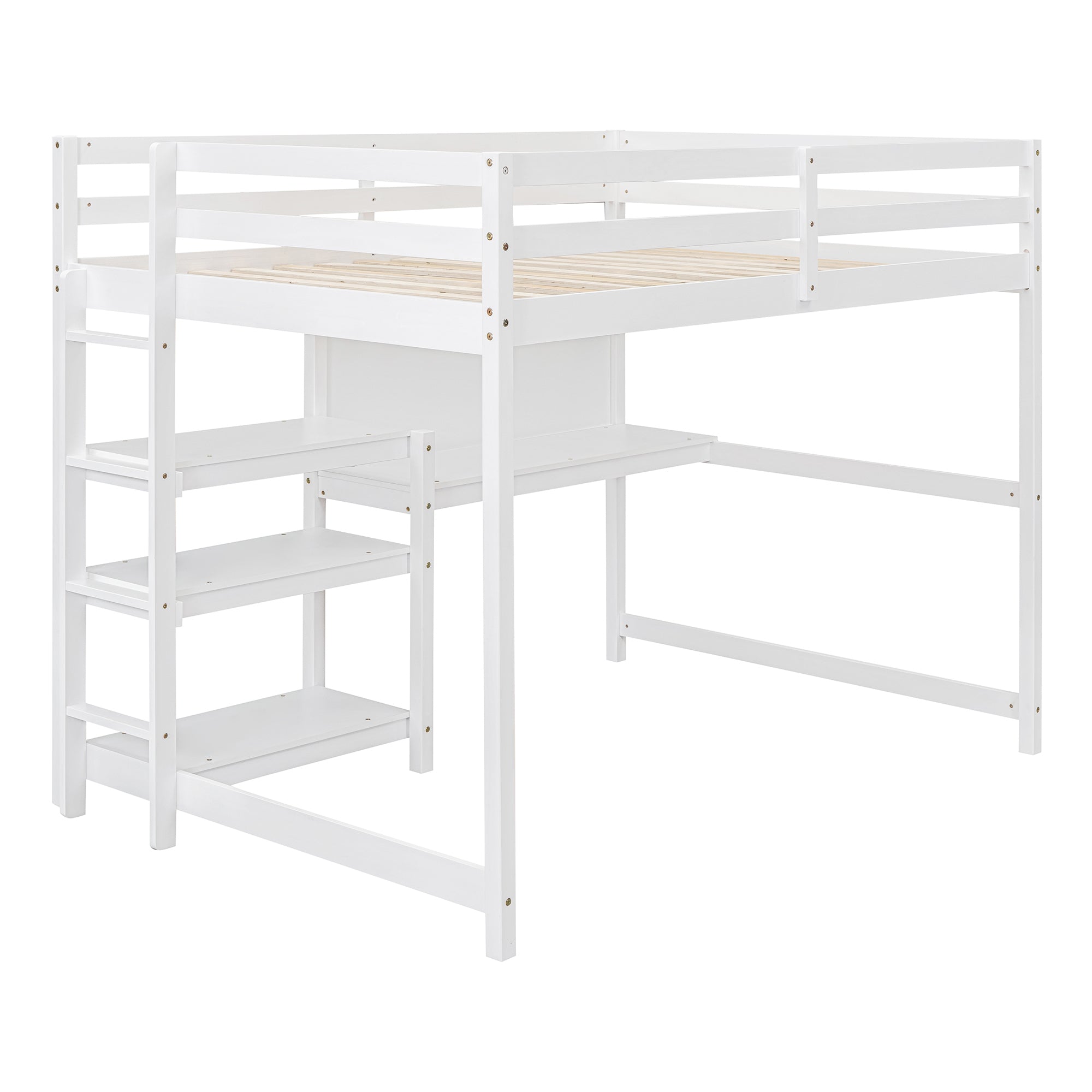 Royard Oaktree Loft Bed with Built-in Desk Shelves and Writing Board Wooden Loft Bed Frame with Guardrail and Ladder, No Box Spring Needed