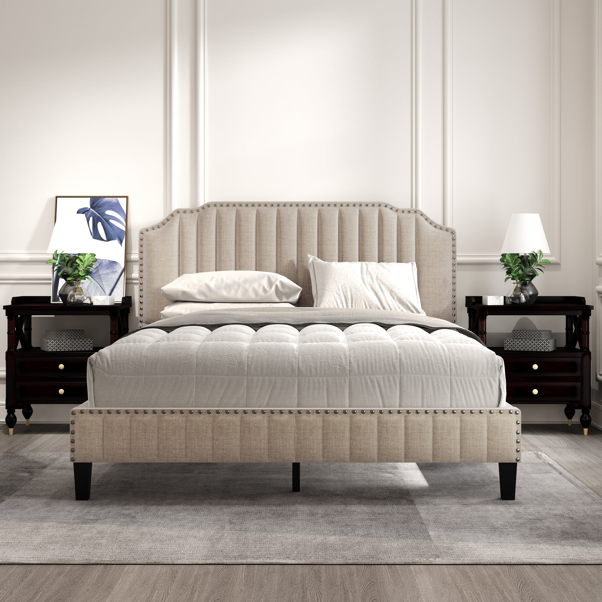 Royard Oaktree Platform Bed Frame Tufted Curved Headboard Linen Upholstered Bed with Solid Wood Frame and Slats, Nailhead Trim, No Box Spring Needed