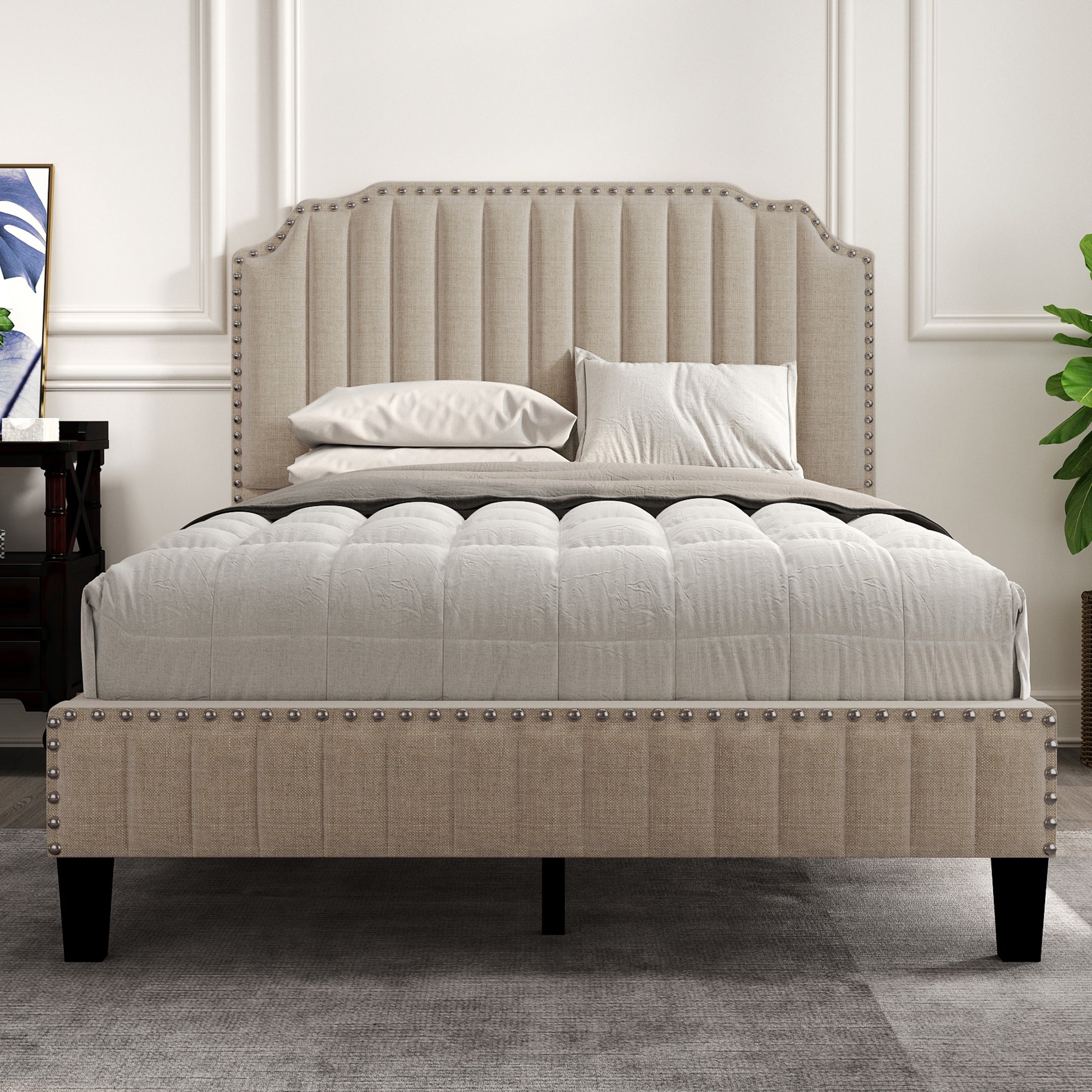 Royard Oaktree Platform Bed Frame Tufted Curved Headboard Linen Upholstered Bed with Solid Wood Frame and Slats, Nailhead Trim, No Box Spring Needed