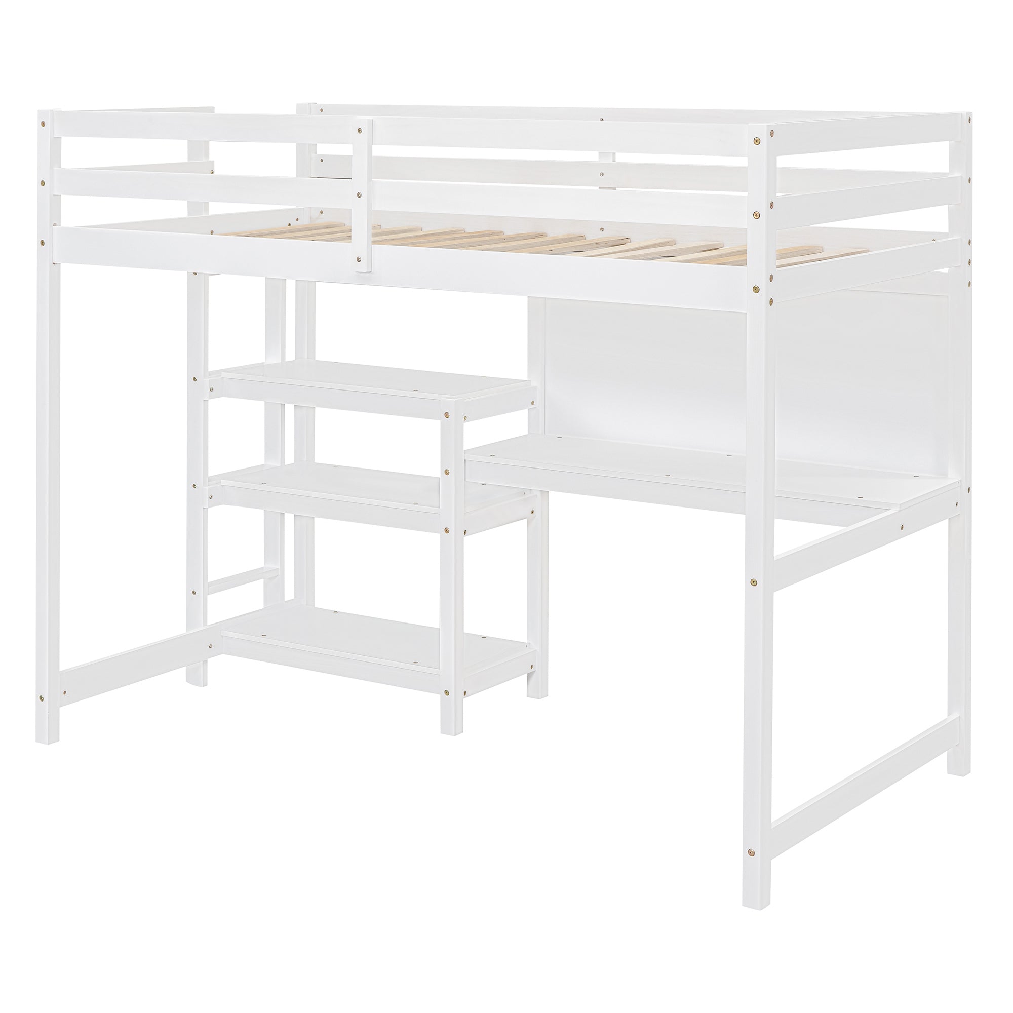 Royard Oaktree Loft Bed with Built-in Desk Shelves and Writing Board Wooden Loft Bed Frame with Guardrail and Ladder, No Box Spring Needed