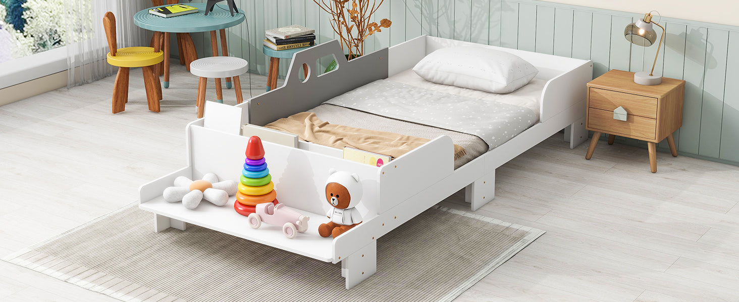 Royard Oaktree Car-Shaped Bed Twin Size Platform Bed Frame with Guardrail and Bench Footboard, White