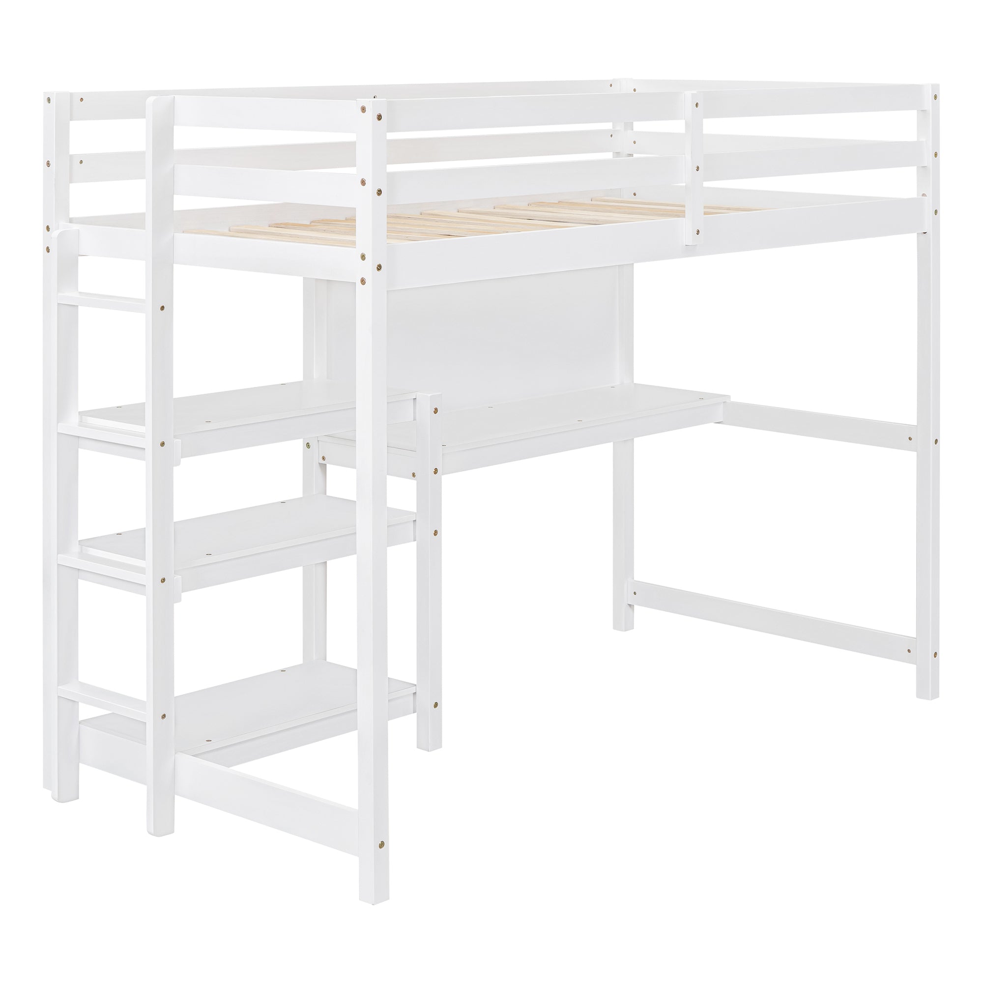 Royard Oaktree Loft Bed with Built-in Desk Shelves and Writing Board Wooden Loft Bed Frame with Guardrail and Ladder, No Box Spring Needed