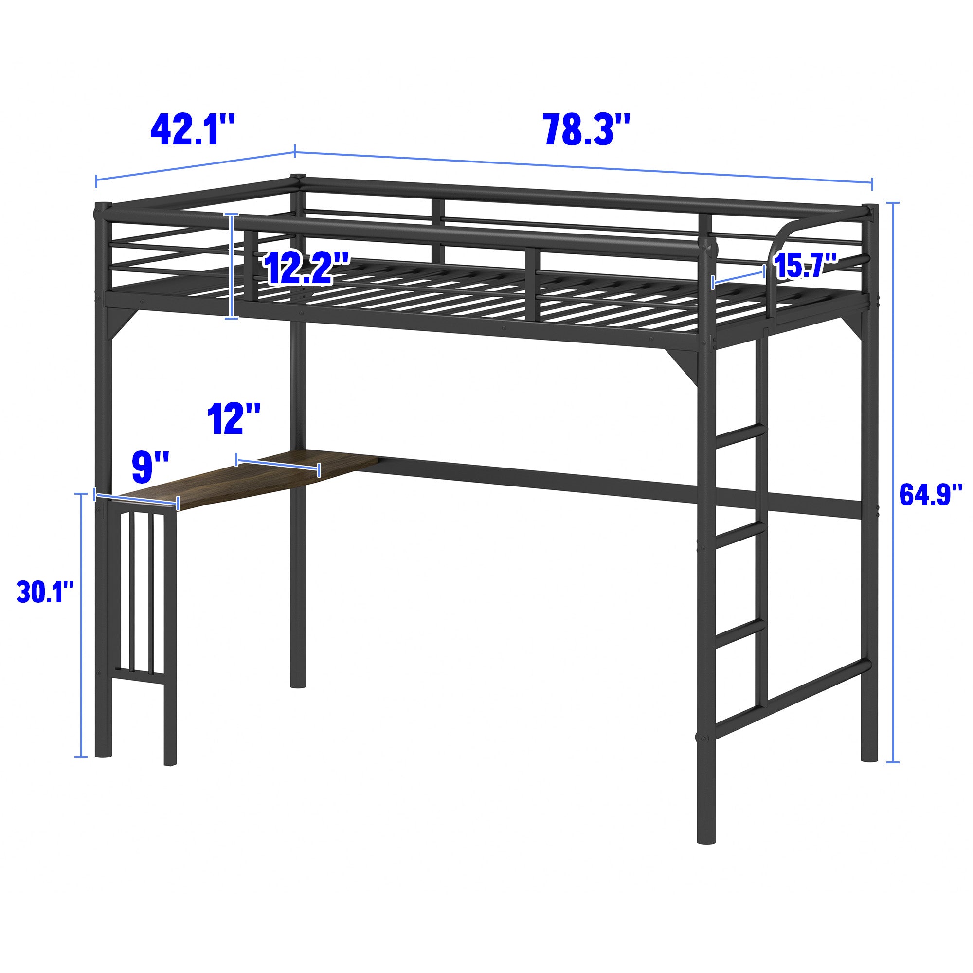 Royard Oaktree Twin Metal Loft Bed with Desk Modern Loft Bed Frame with Ladder and Guardrails, No Box Spring Needed