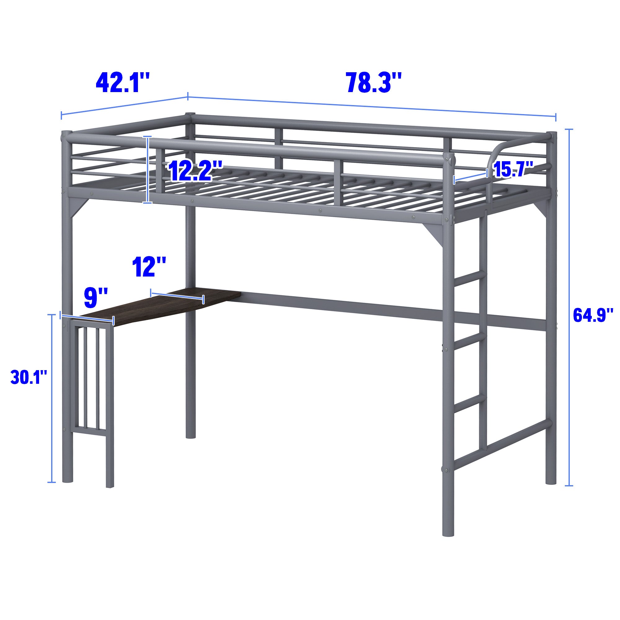 Royard Oaktree Twin Metal Loft Bed with Desk Modern Loft Bed Frame with Ladder and Guardrails, No Box Spring Needed