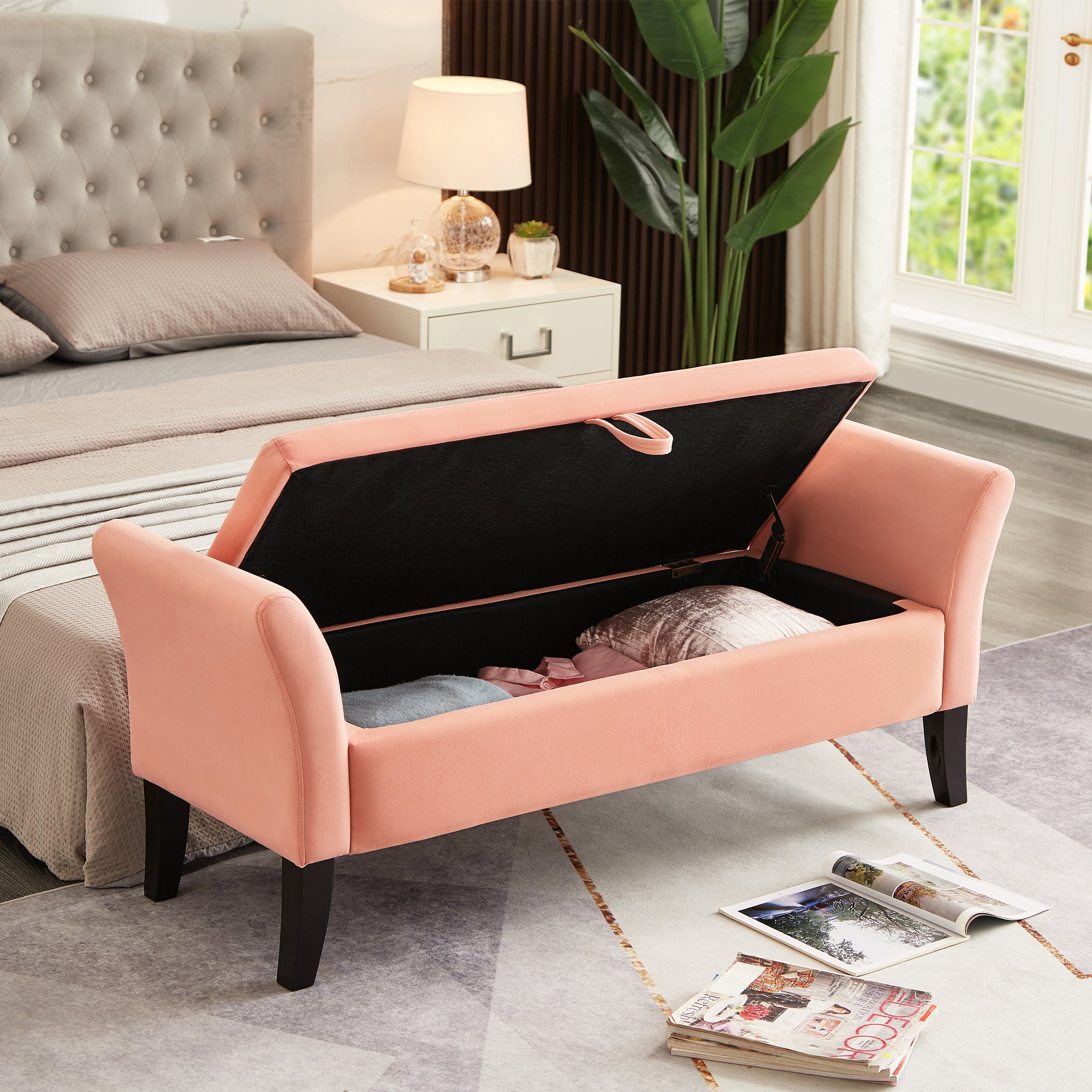 Royard Oaktree 52" Storage Bench Upholstered Ottoman Bench with Arms Velvet Button-Tufted End of Bed Bench Entryway Bench for Bedroom, Living Room, Hallway