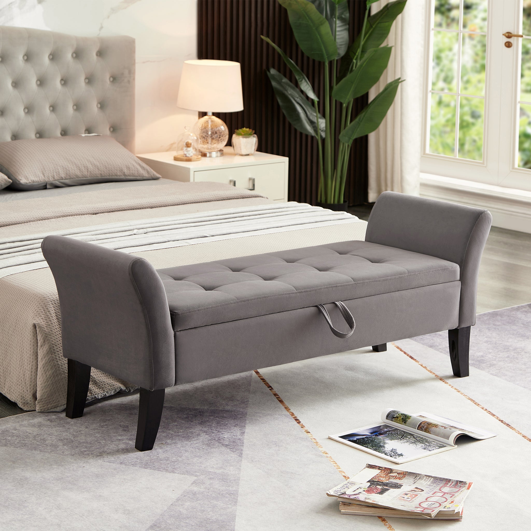 Royard Oaktree 52" Storage Bench Upholstered Ottoman Bench with Arms Velvet Button-Tufted End of Bed Bench Entryway Bench for Bedroom, Living Room, Hallway