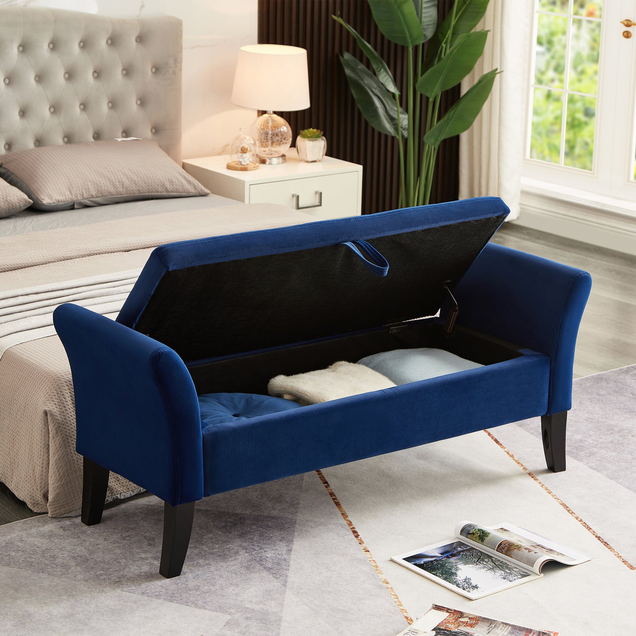 Royard Oaktree 52" Storage Bench Upholstered Ottoman Bench with Arms Velvet Button-Tufted End of Bed Bench Entryway Bench for Bedroom, Living Room, Hallway