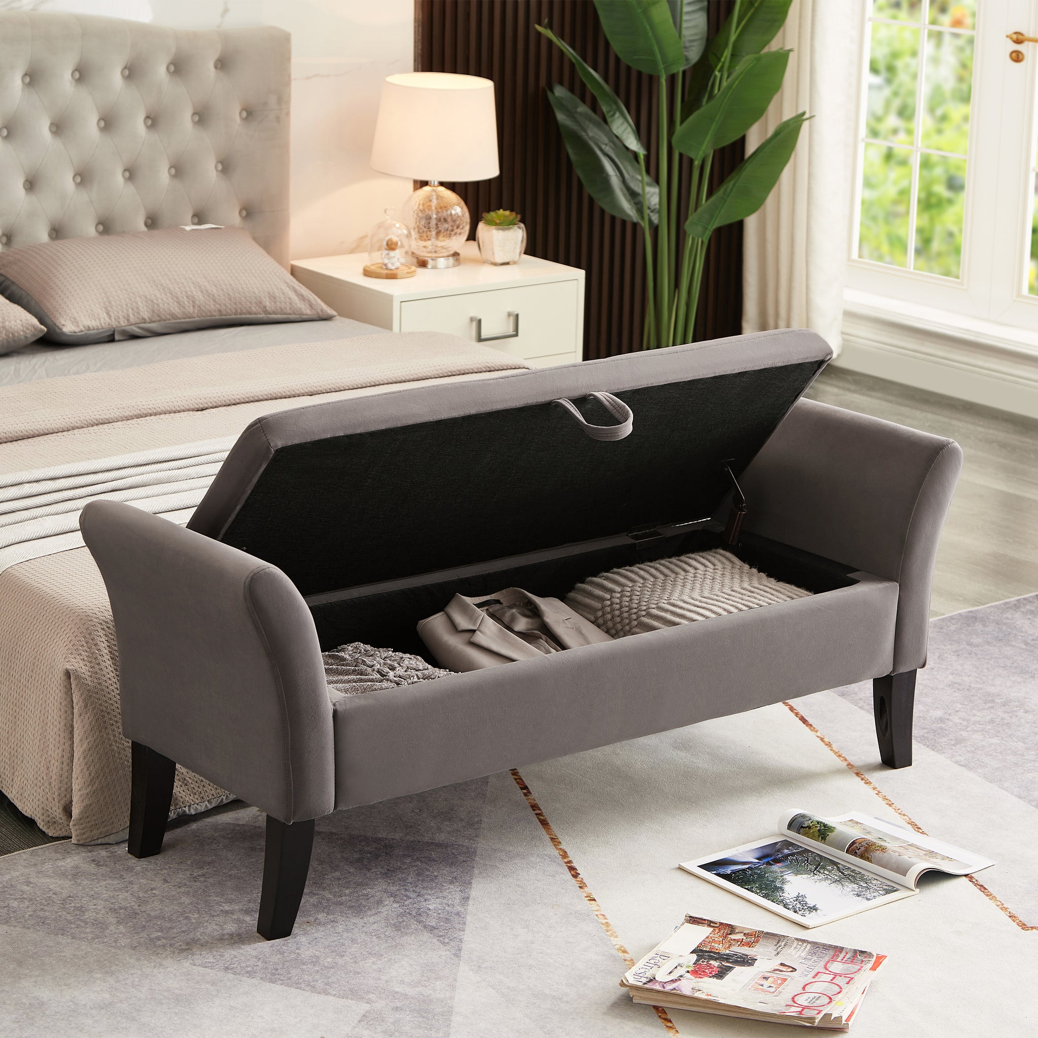 Royard Oaktree 52" Storage Bench Upholstered Ottoman Bench with Arms Velvet Button-Tufted End of Bed Bench Entryway Bench for Bedroom, Living Room, Hallway