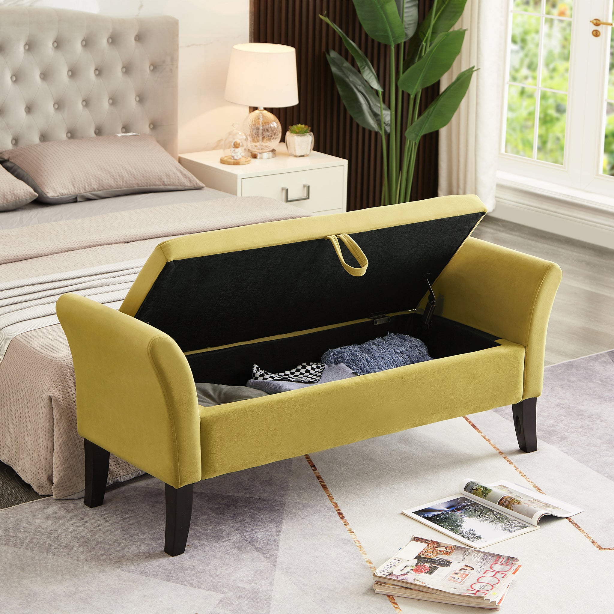 Royard Oaktree 52" Storage Bench Upholstered Ottoman Bench with Arms Velvet Button-Tufted End of Bed Bench Entryway Bench for Bedroom, Living Room, Hallway