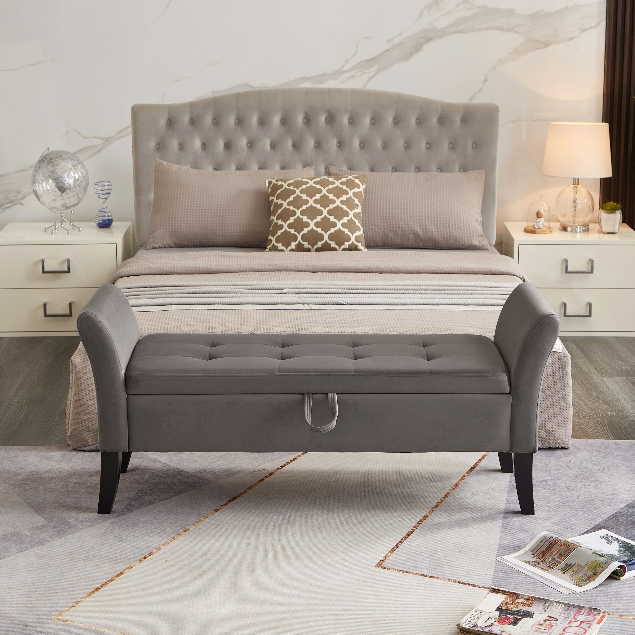 Royard Oaktree 52" Storage Bench Upholstered Ottoman Bench with Arms Velvet Button-Tufted End of Bed Bench Entryway Bench for Bedroom, Living Room, Hallway