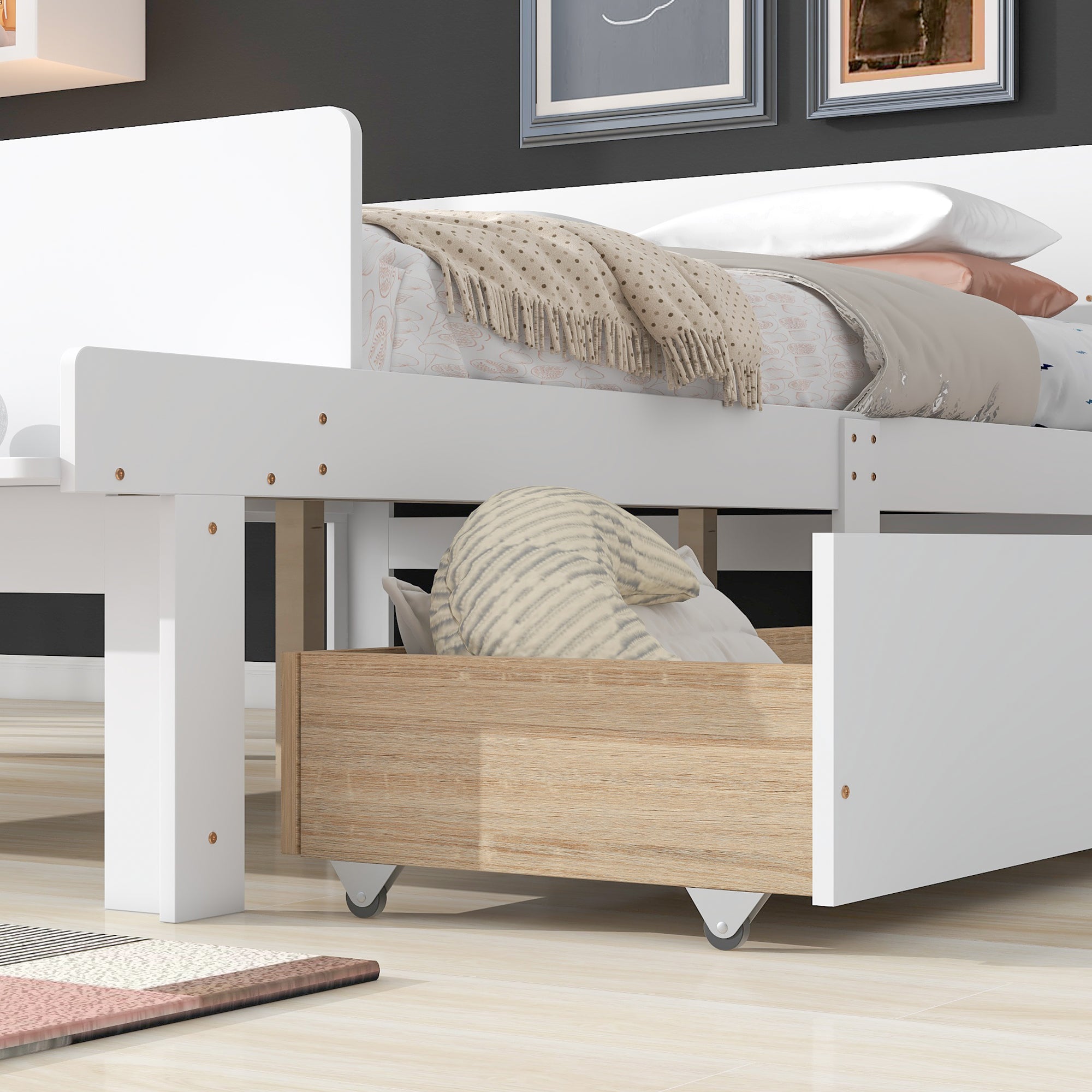 Royard Oaktree Wood Platform Bed Frame with Headboard and Footboard Bench Modern Bed Frame with 2 Storage Drawers