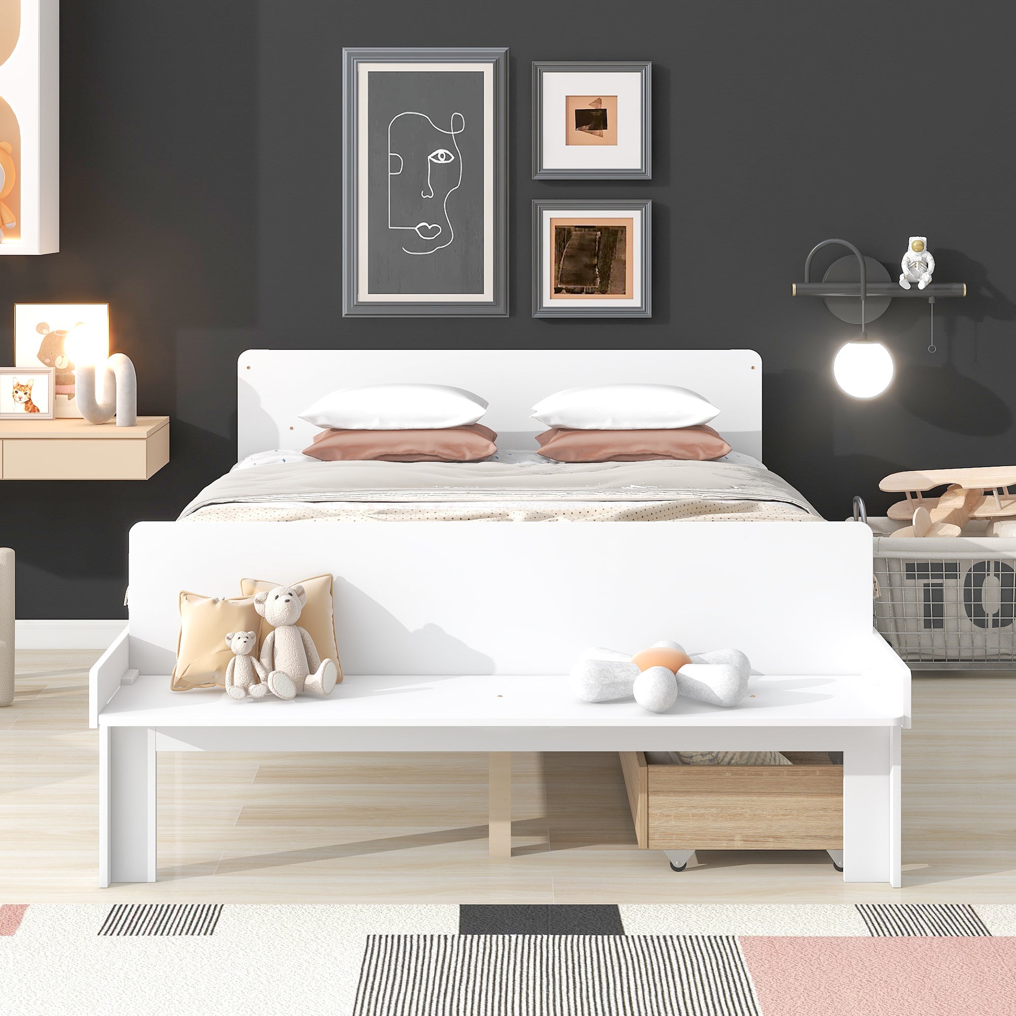 Royard Oaktree Wood Platform Bed Frame with Headboard and Footboard Bench Modern Bed Frame with 2 Storage Drawers