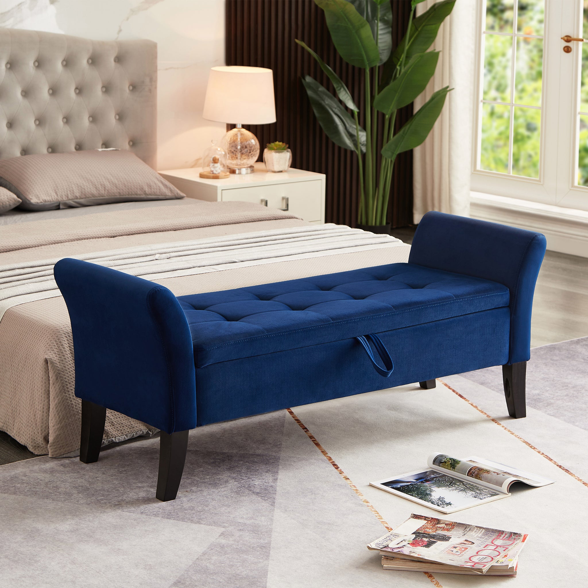 Royard Oaktree 52" Storage Bench Upholstered Ottoman Bench with Arms Velvet Button-Tufted End of Bed Bench Entryway Bench for Bedroom, Living Room, Hallway