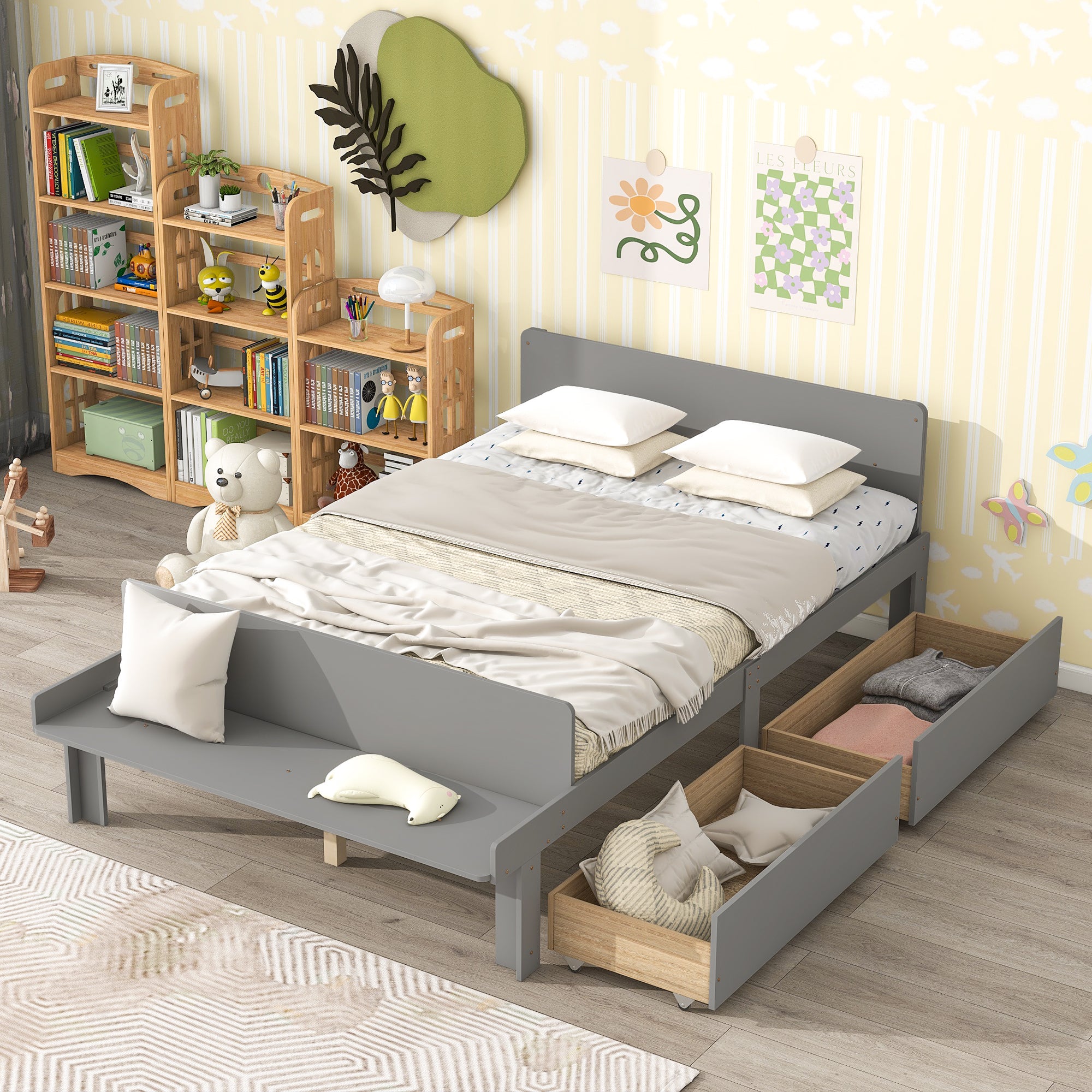 Royard Oaktree Wood Platform Bed Frame with Headboard and Footboard Bench Modern Bed Frame with 2 Storage Drawers