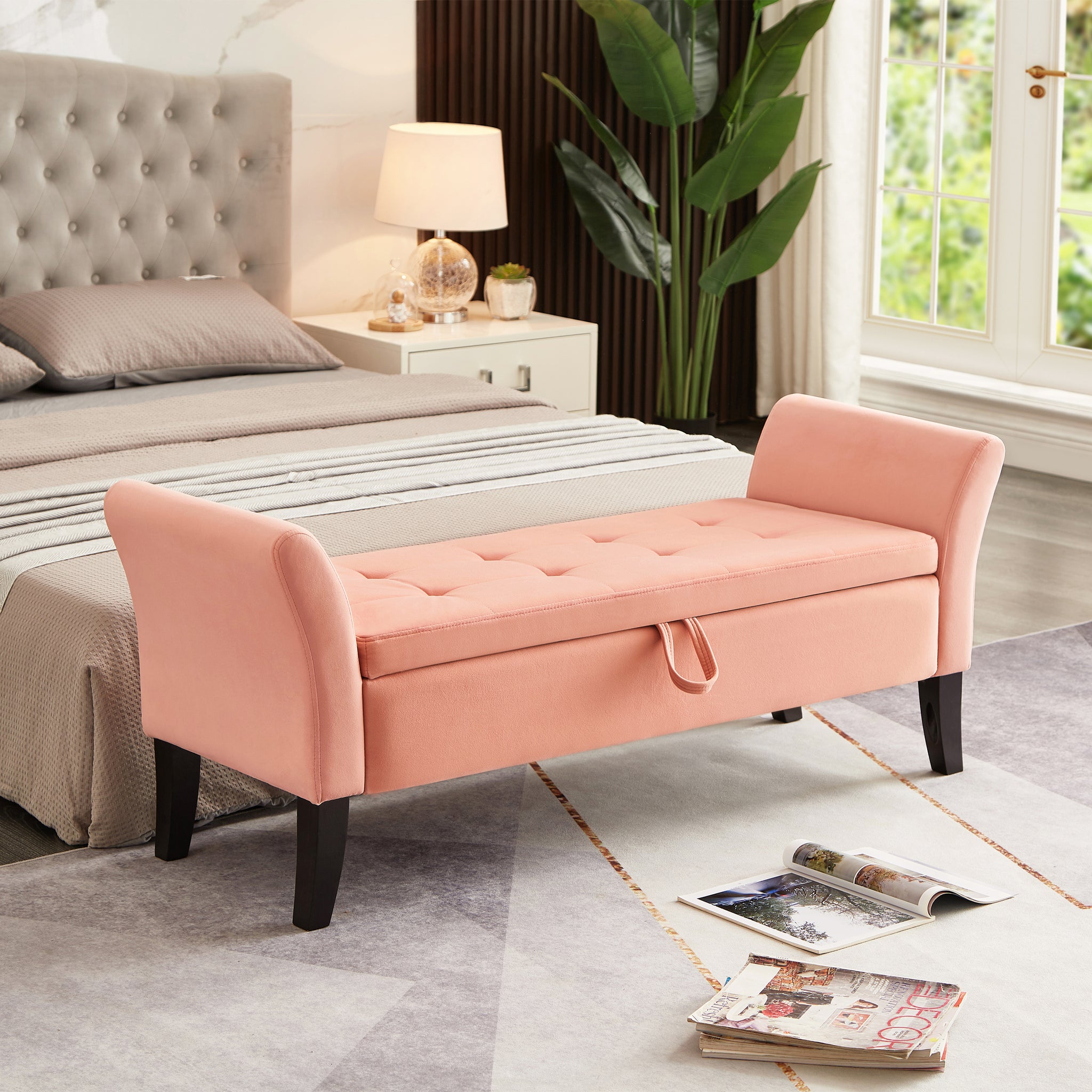 Royard Oaktree 52" Storage Bench Upholstered Ottoman Bench with Arms Velvet Button-Tufted End of Bed Bench Entryway Bench for Bedroom, Living Room, Hallway