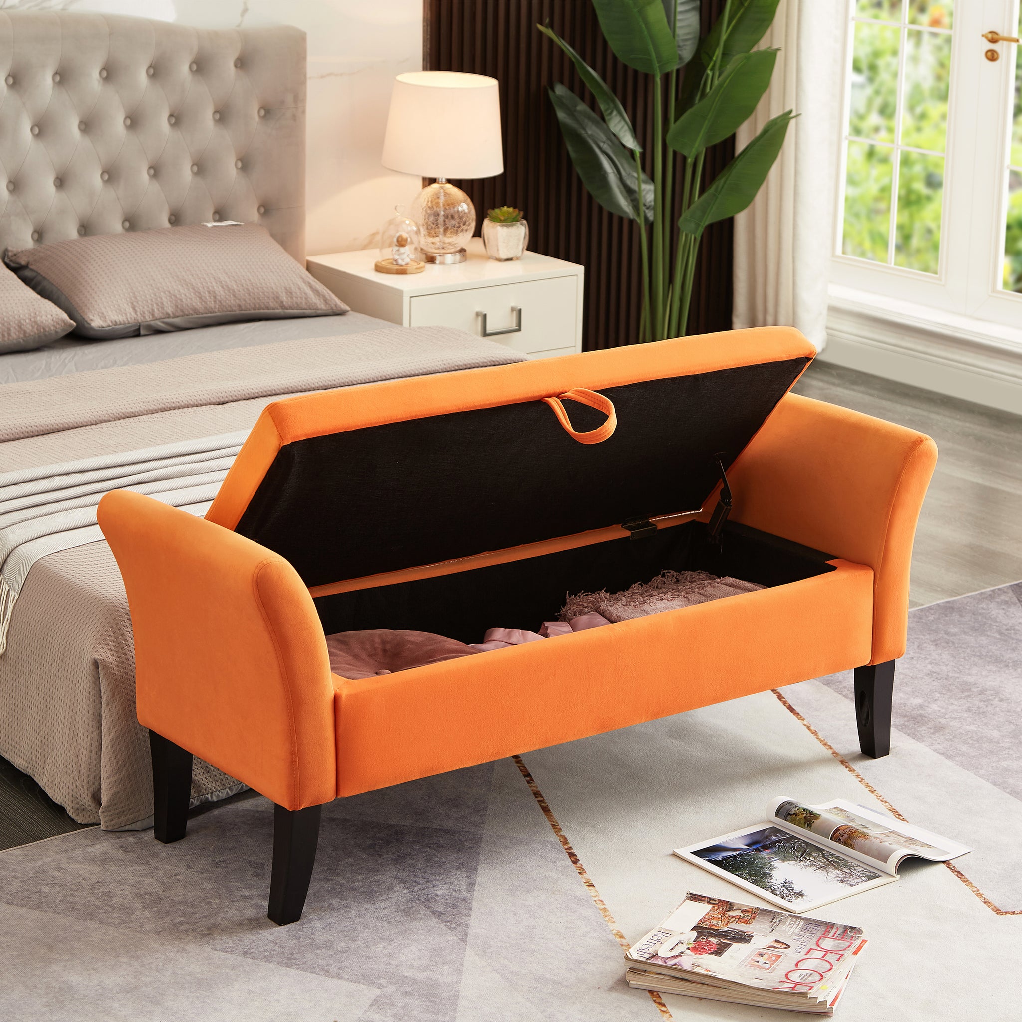 Royard Oaktree 52" Storage Bench Upholstered Ottoman Bench with Arms Velvet Button-Tufted End of Bed Bench Entryway Bench for Bedroom, Living Room, Hallway