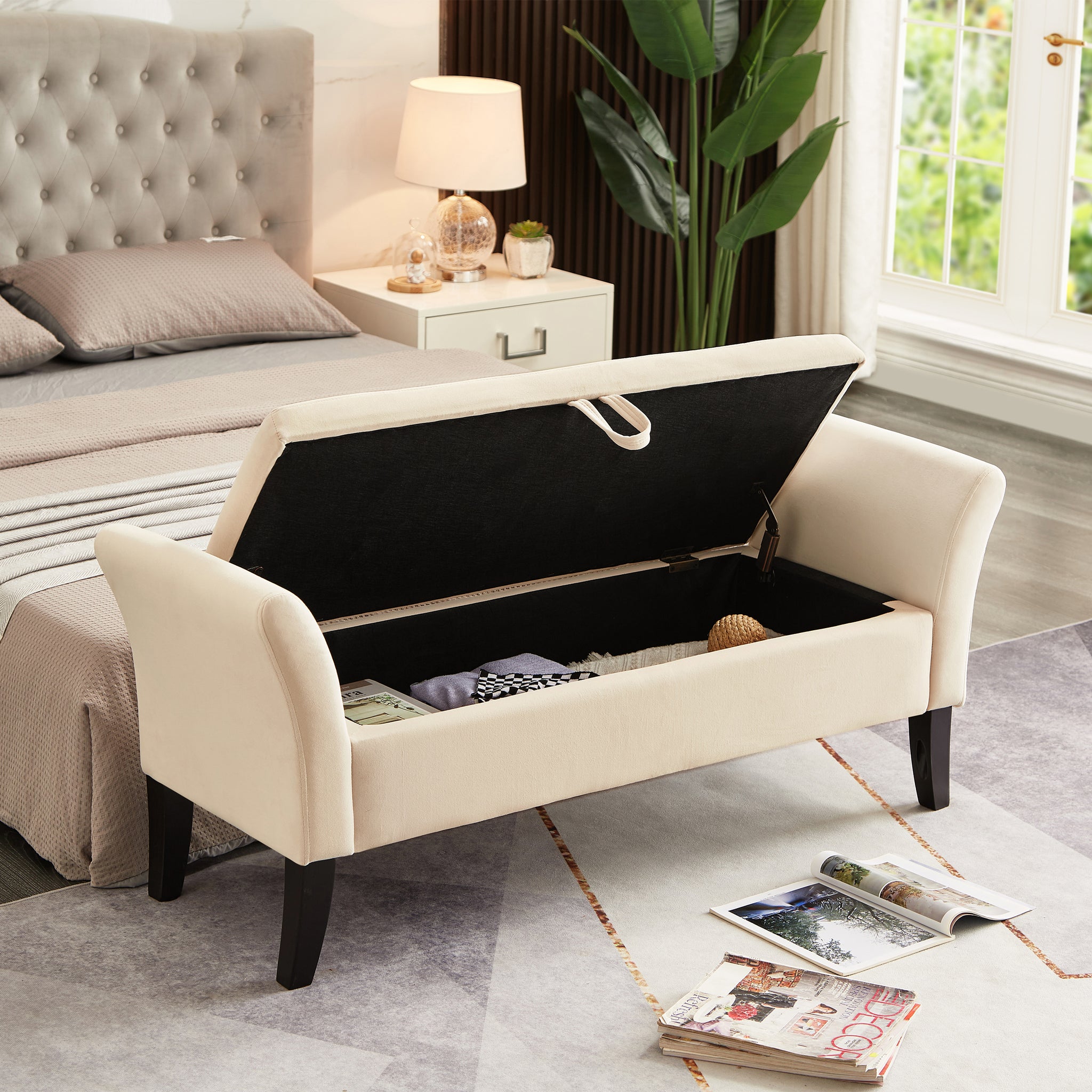 Royard Oaktree 52" Storage Bench Upholstered Ottoman Bench with Arms Velvet Button-Tufted End of Bed Bench Entryway Bench for Bedroom, Living Room, Hallway