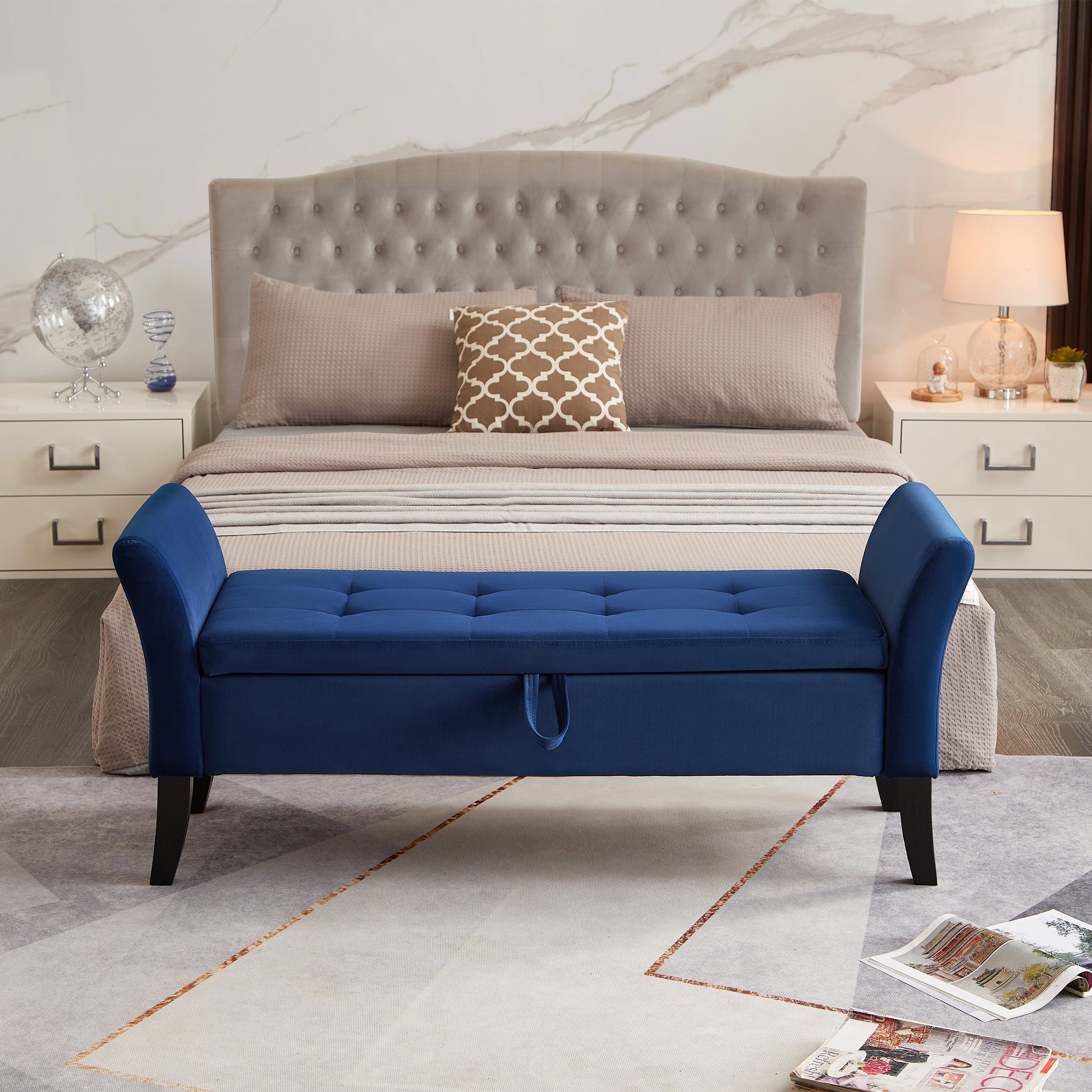 Royard Oaktree 52" Storage Bench Upholstered Ottoman Bench with Arms Velvet Button-Tufted End of Bed Bench Entryway Bench for Bedroom, Living Room, Hallway