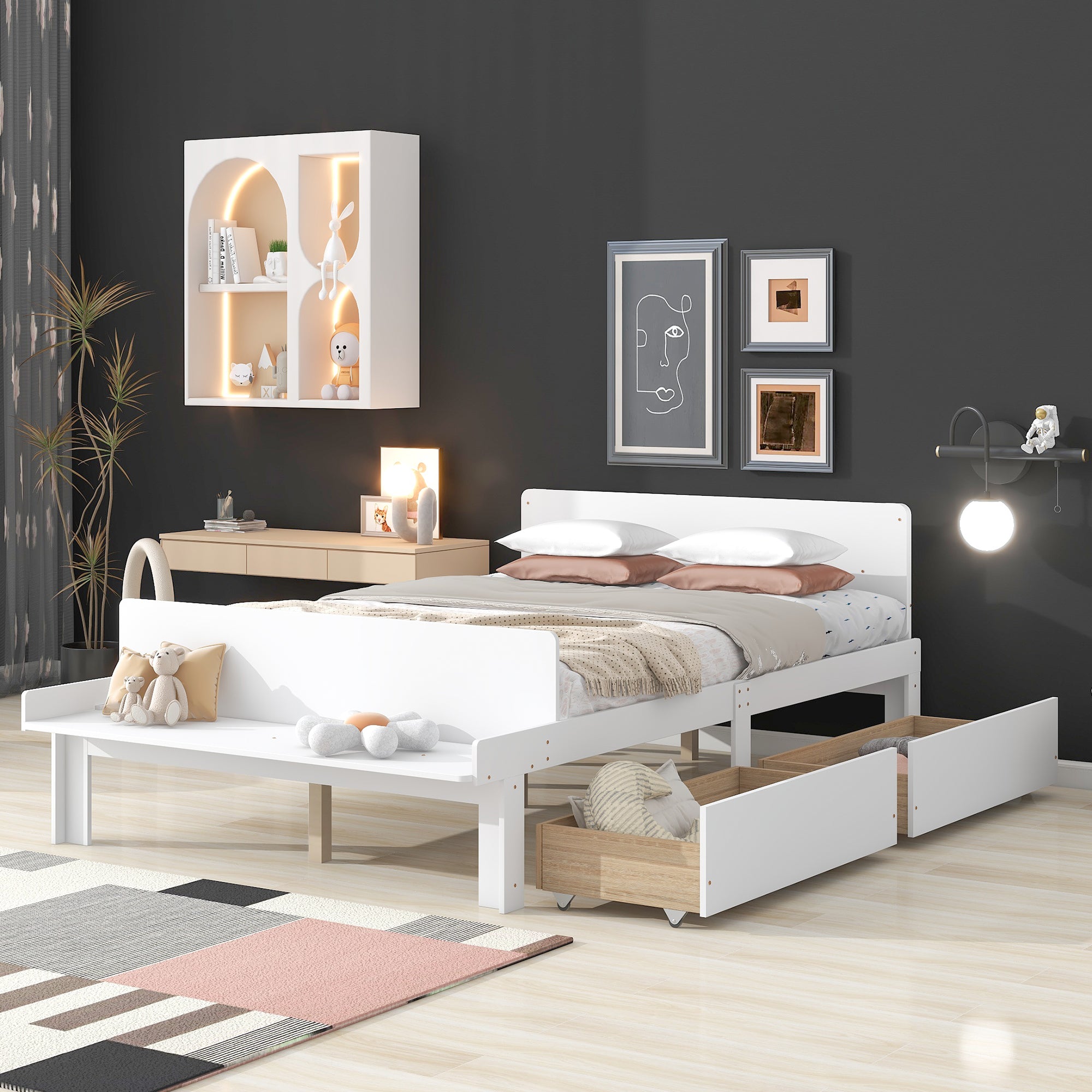 Royard Oaktree Wood Platform Bed Frame with Headboard and Footboard Bench Modern Bed Frame with 2 Storage Drawers