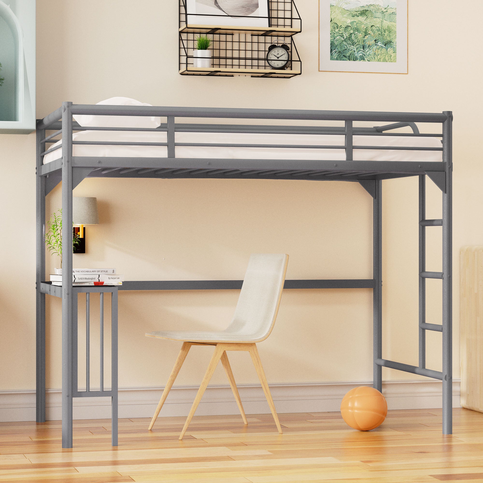 Royard Oaktree Twin Metal Loft Bed with Desk Modern Loft Bed Frame with Ladder and Guardrails, No Box Spring Needed