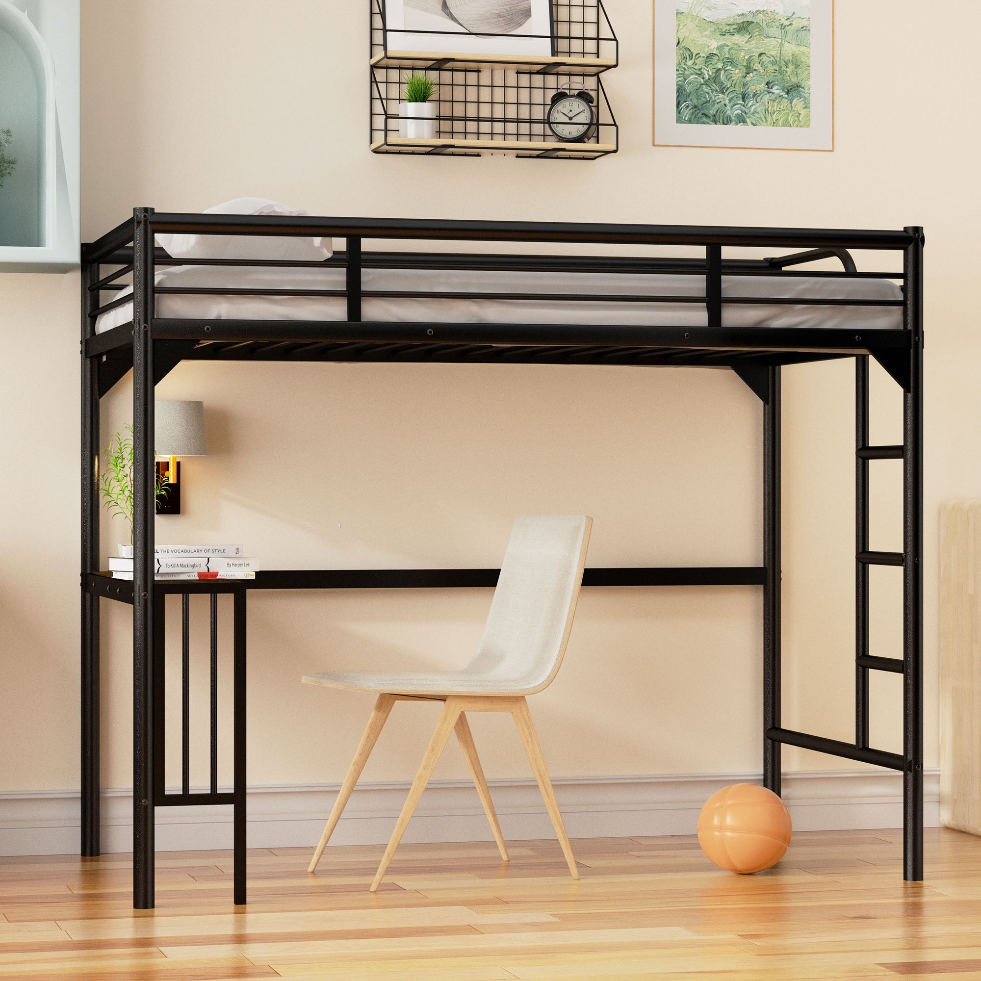 Royard Oaktree Twin Metal Loft Bed with Desk Modern Loft Bed Frame with Ladder and Guardrails, No Box Spring Needed