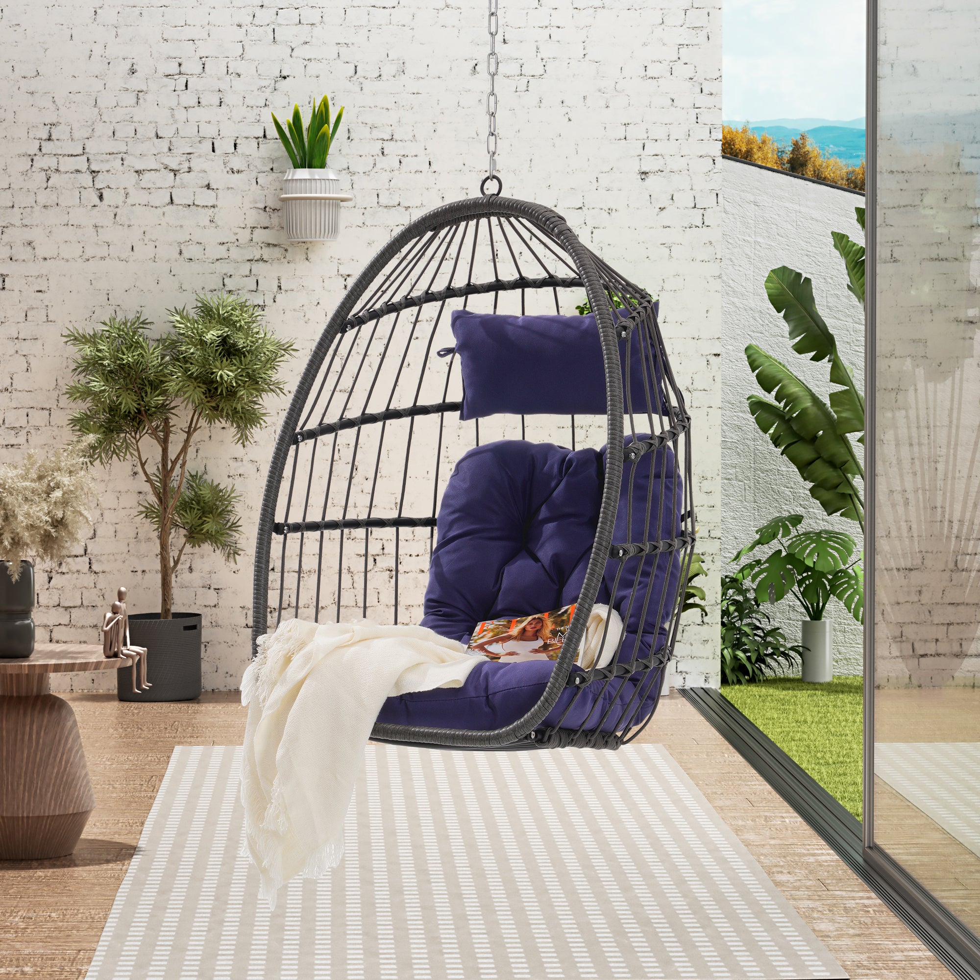 Royard Oaktree Hanging Egg Chair, Indoor/Outdoor Wicker Swing Chairs with Cushion Headrest, Basket Hammock Chairs with Hanging Kit Chain for Bedroom Balcony, Without Stand