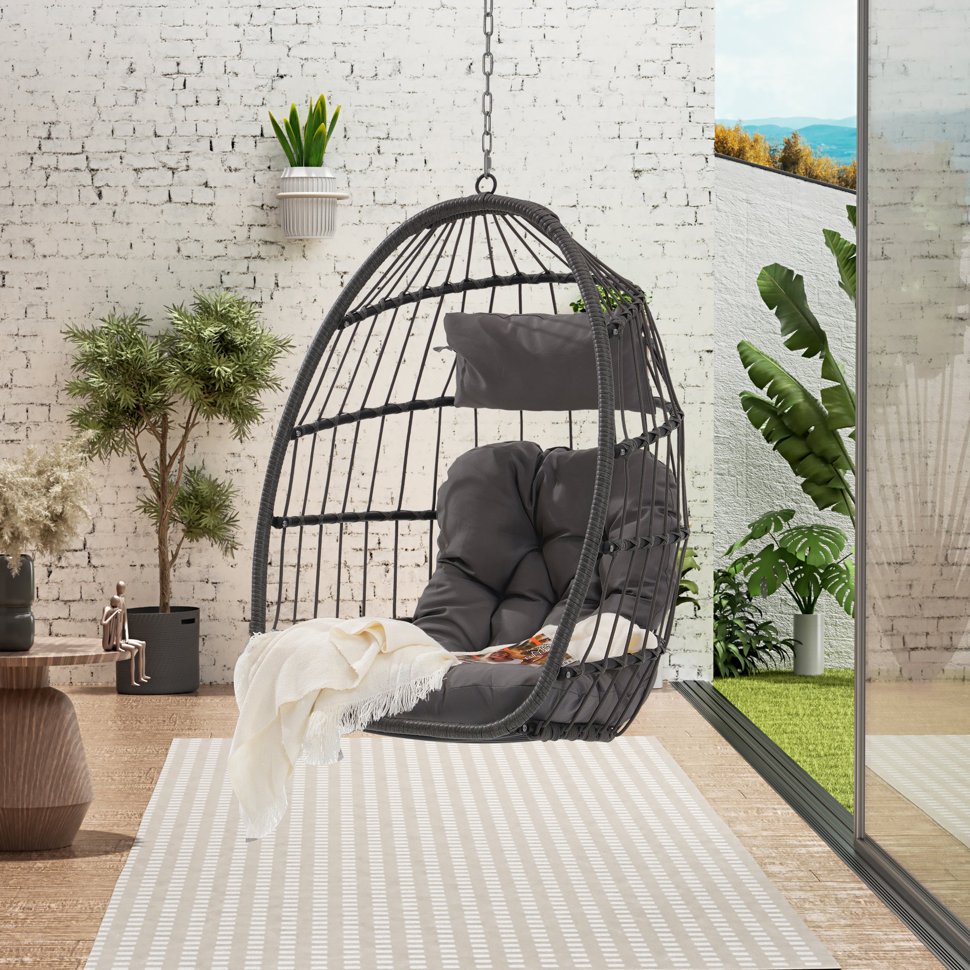 Royard Oaktree Hanging Egg Chair, Indoor/Outdoor Wicker Swing Chairs with Cushion Headrest, Basket Hammock Chairs with Hanging Kit Chain for Bedroom Balcony, Without Stand